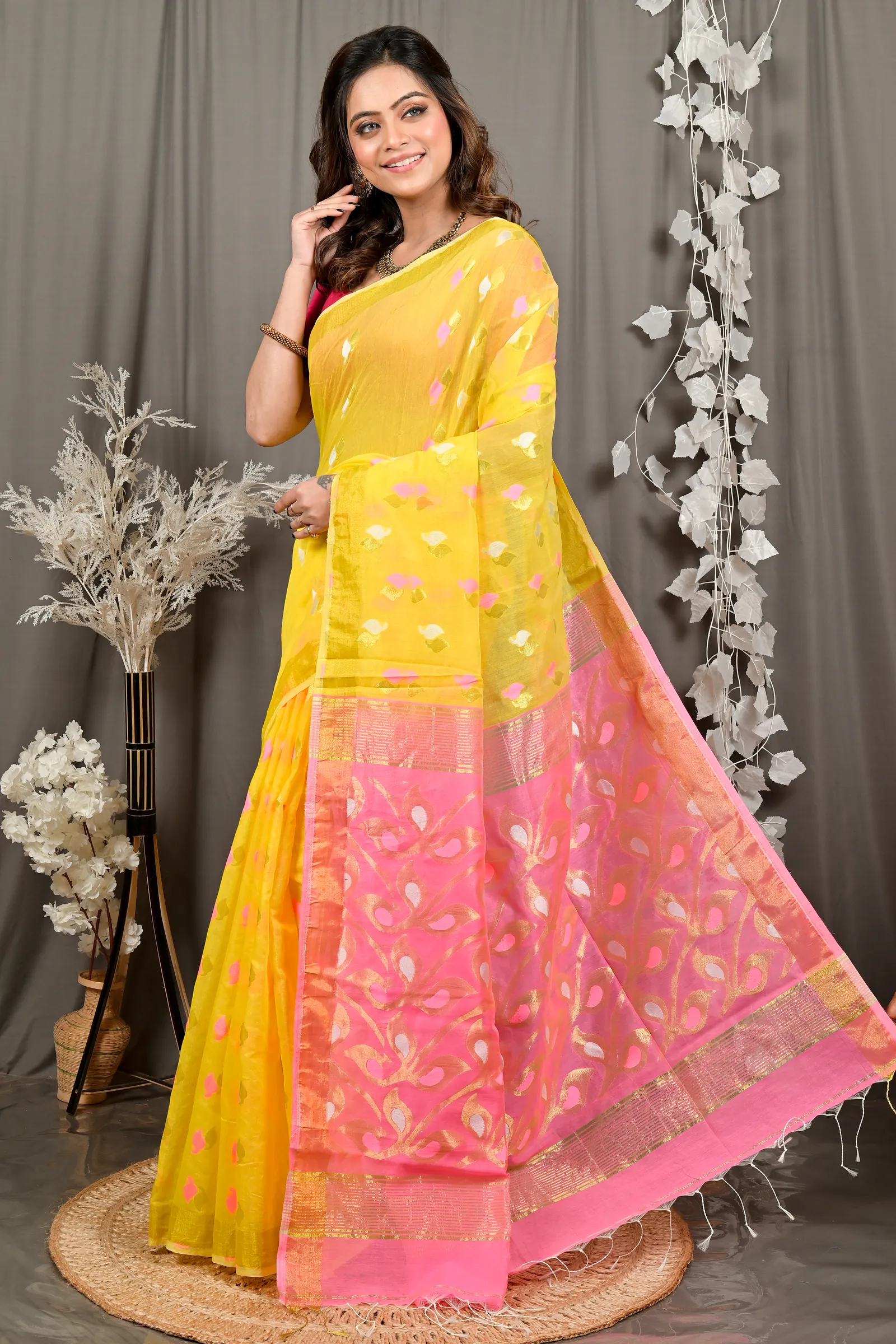 DipDiya Cotton Blend Yellow Pink Dhrum Crafted with Soul Handloom Sarees