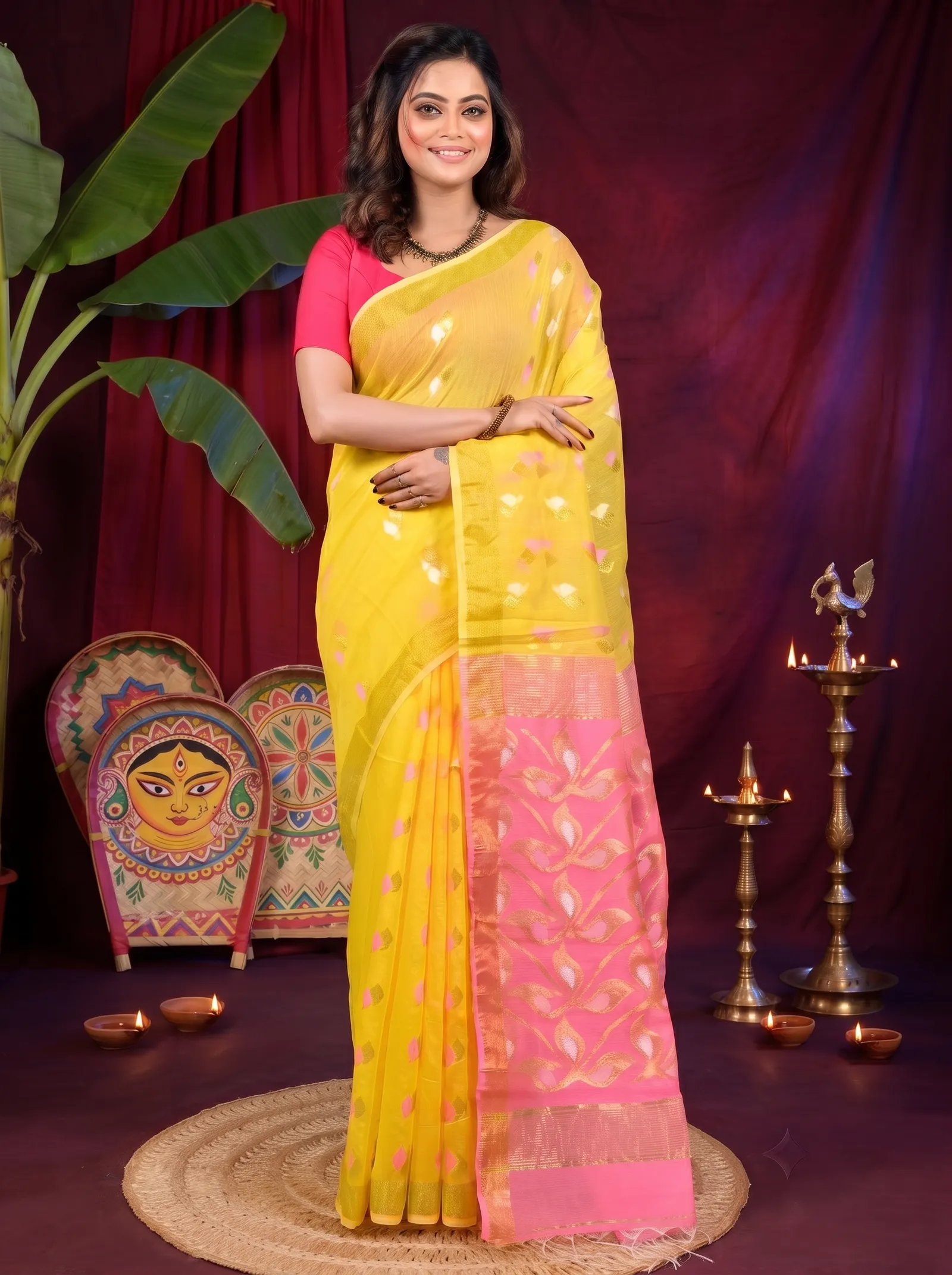 DipDiya Cotton Blend Yellow Pink Dhrum Crafted with Soul Handloom Sarees