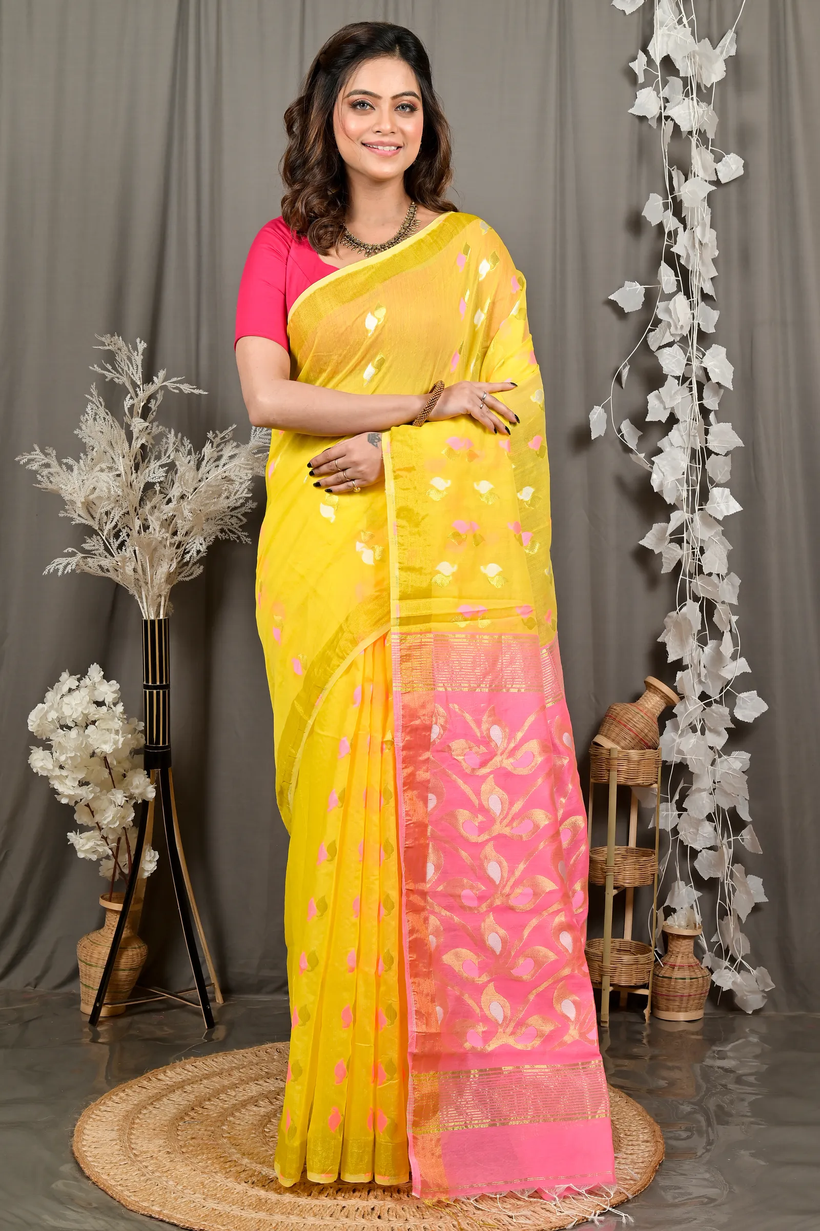 DipDiya Cotton Blend Yellow Pink Dhrum Crafted with Soul Handloom Sarees