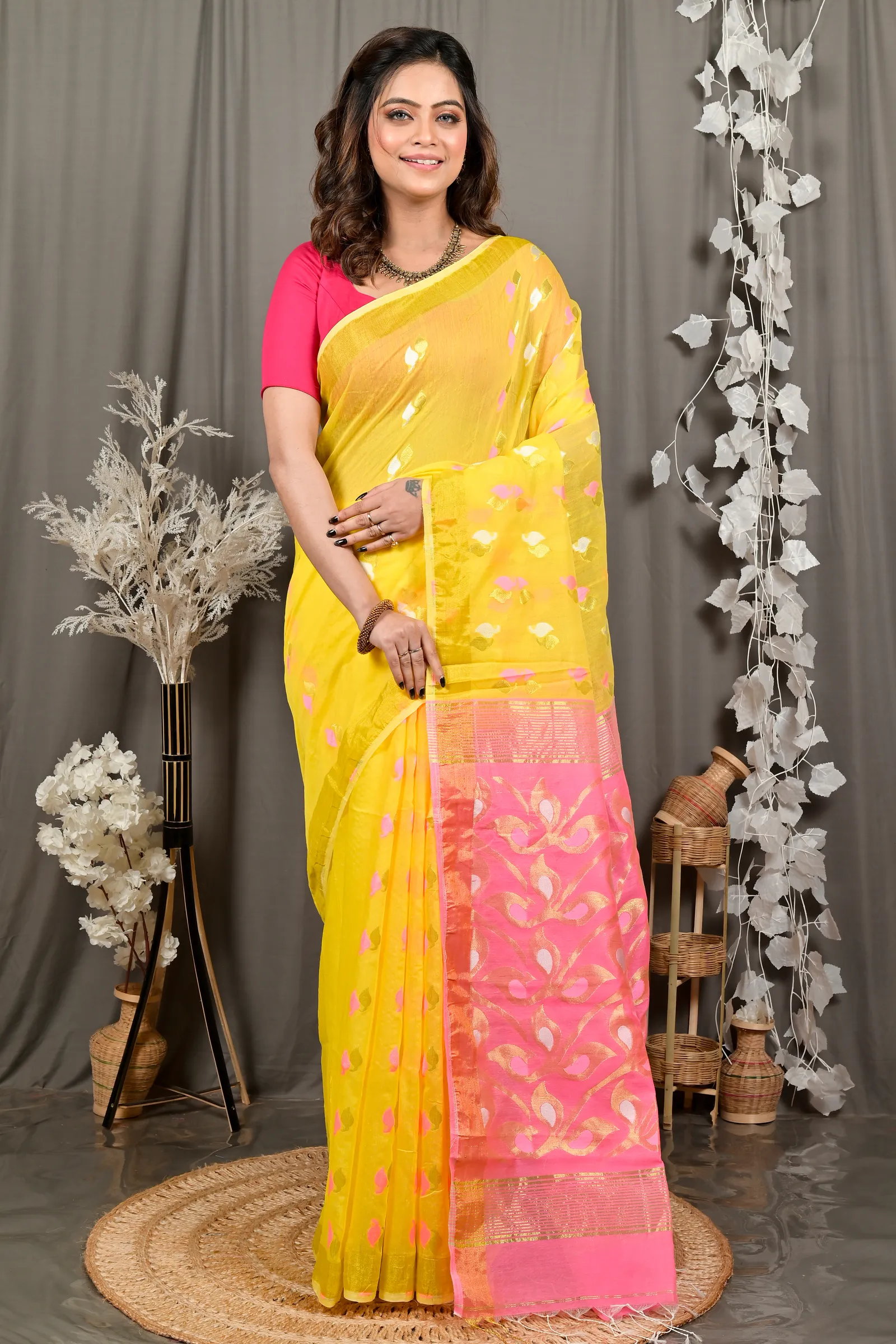 DipDiya Cotton Blend Yellow Pink Dhrum Crafted with Soul Handloom Sarees