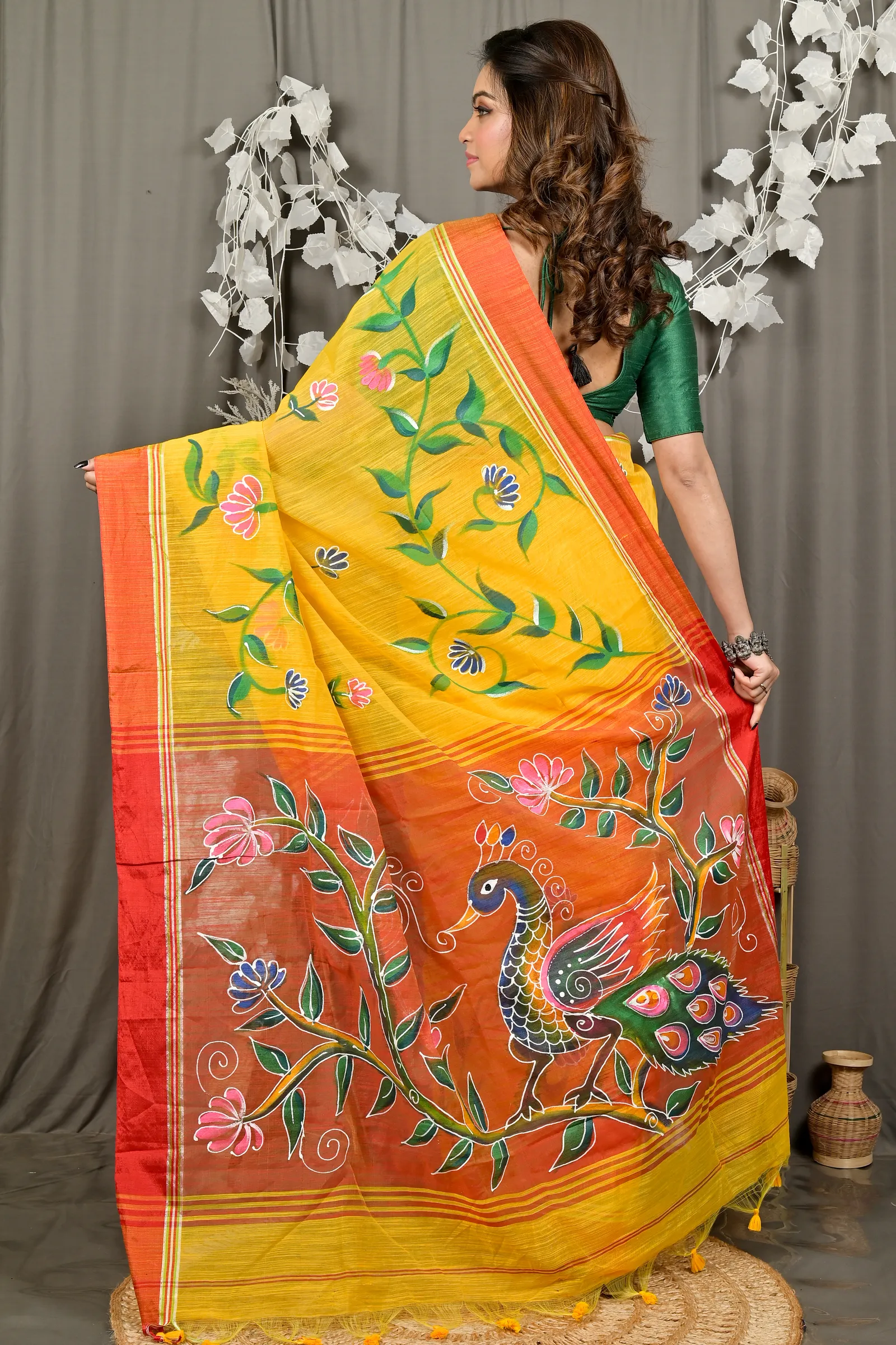 DipDiya Cotton Blend Yellow Red Deepsi Handloom Heritage Hand Painted Sarees
