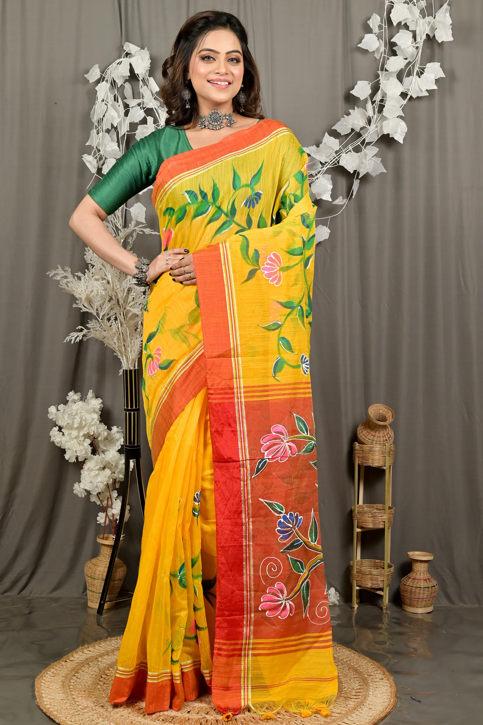DipDiya Cotton Blend Yellow Red Deepsi Handloom Heritage Hand Painted Sarees