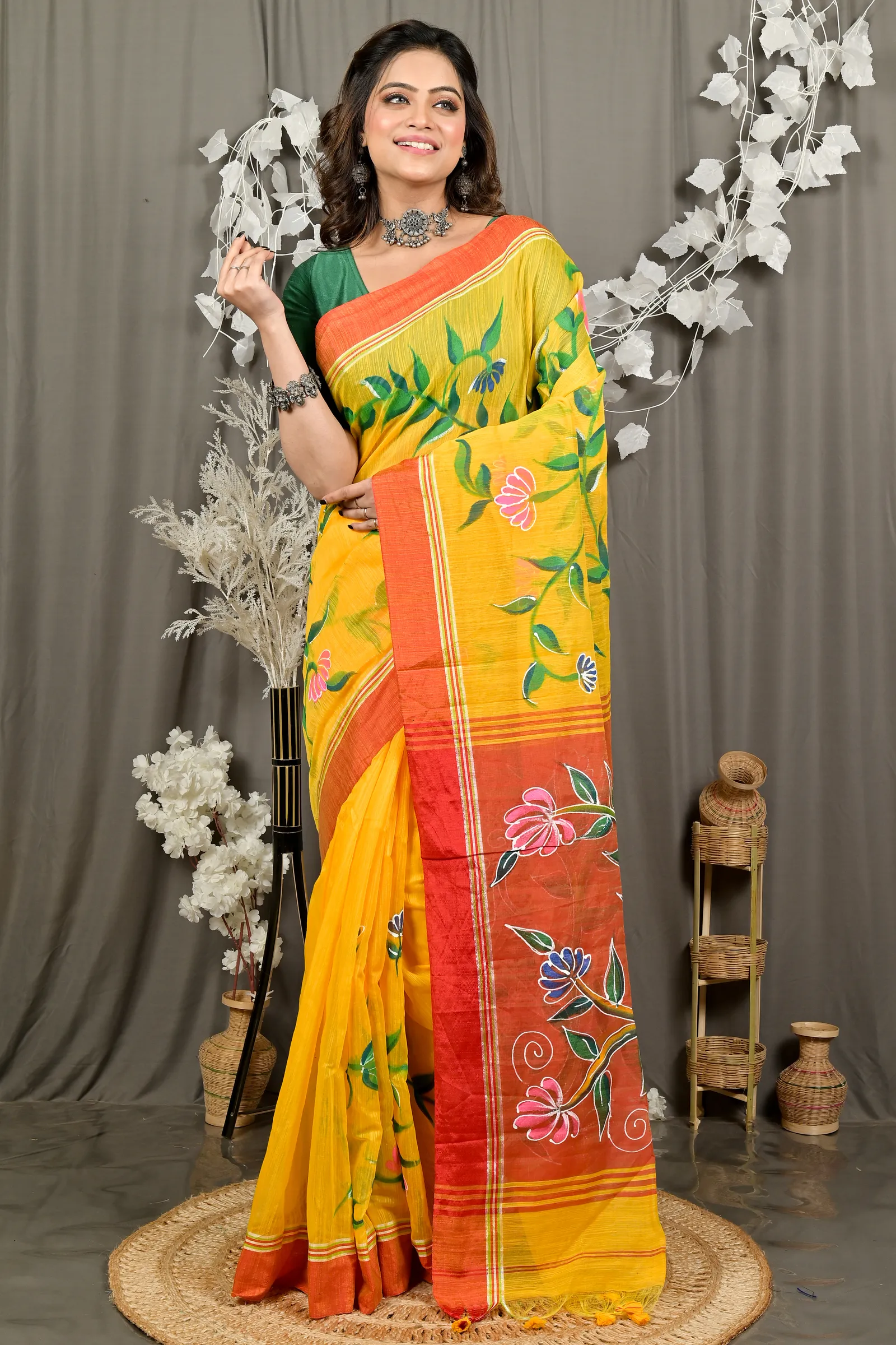 DipDiya Cotton Blend Yellow Red Deepsi Handloom Heritage Hand Painted Sarees