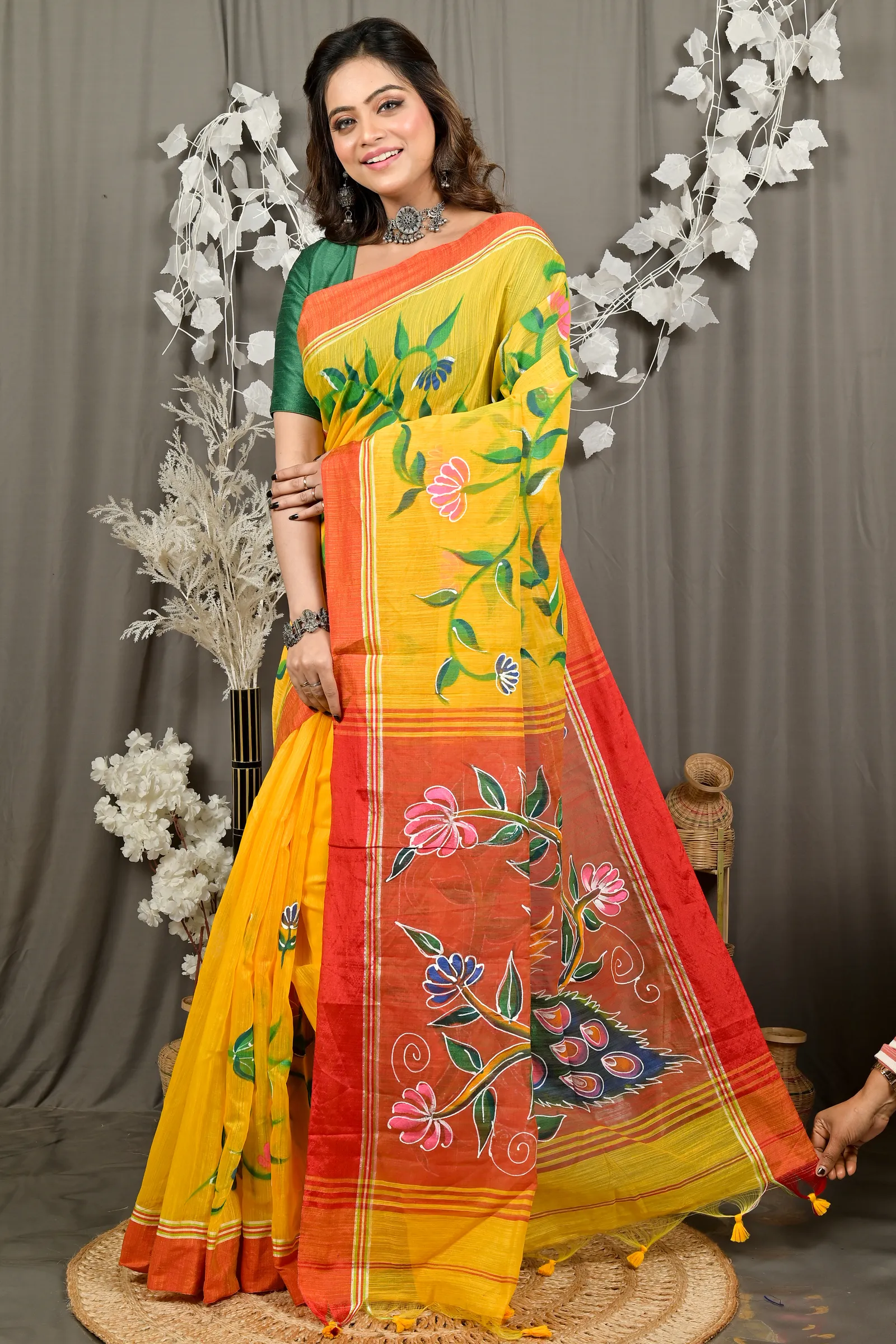 DipDiya Cotton Blend Yellow Red Deepsi Handloom Heritage Hand Painted Sarees
