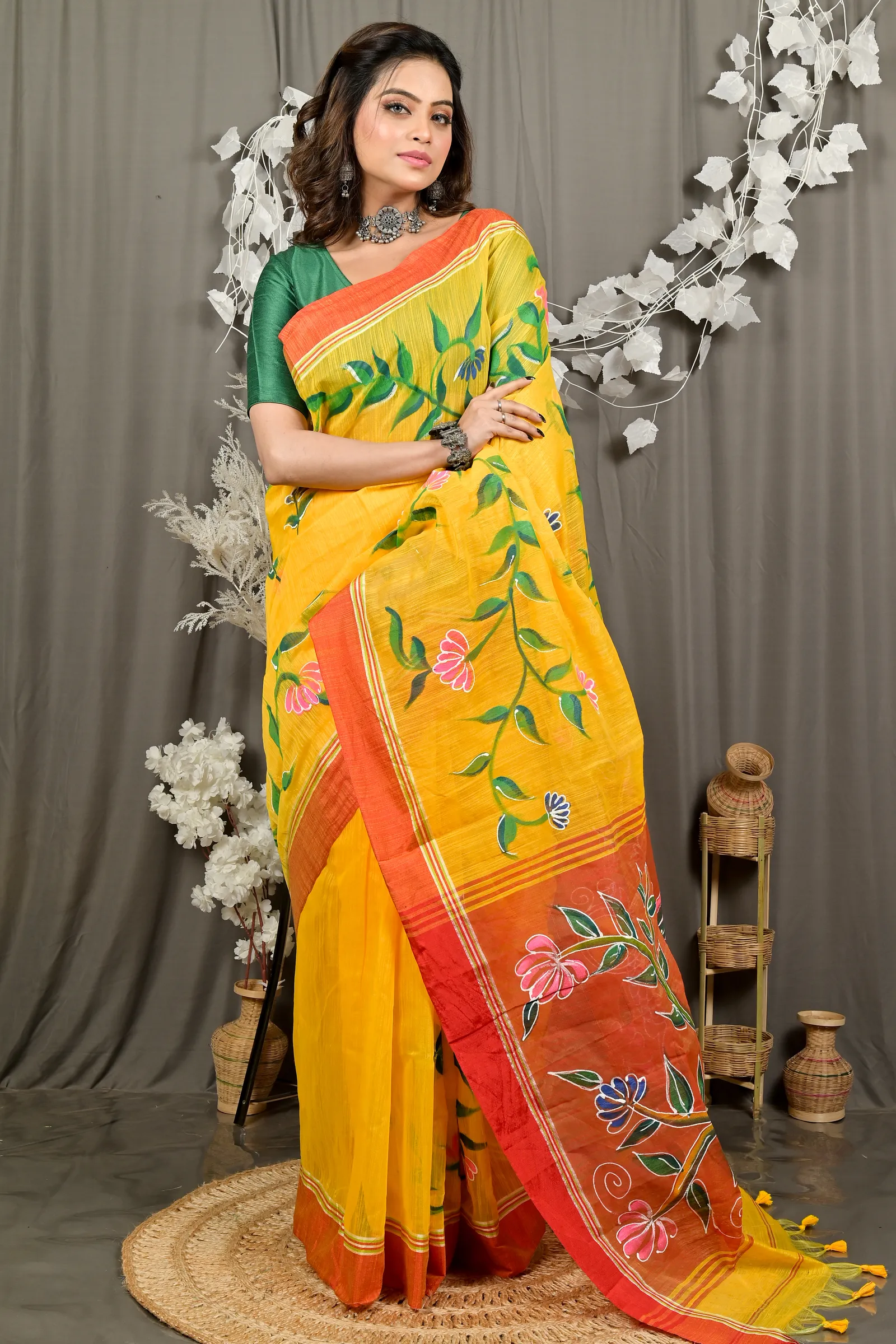 DipDiya Cotton Blend Yellow Red Deepsi Handloom Heritage Hand Painted Sarees