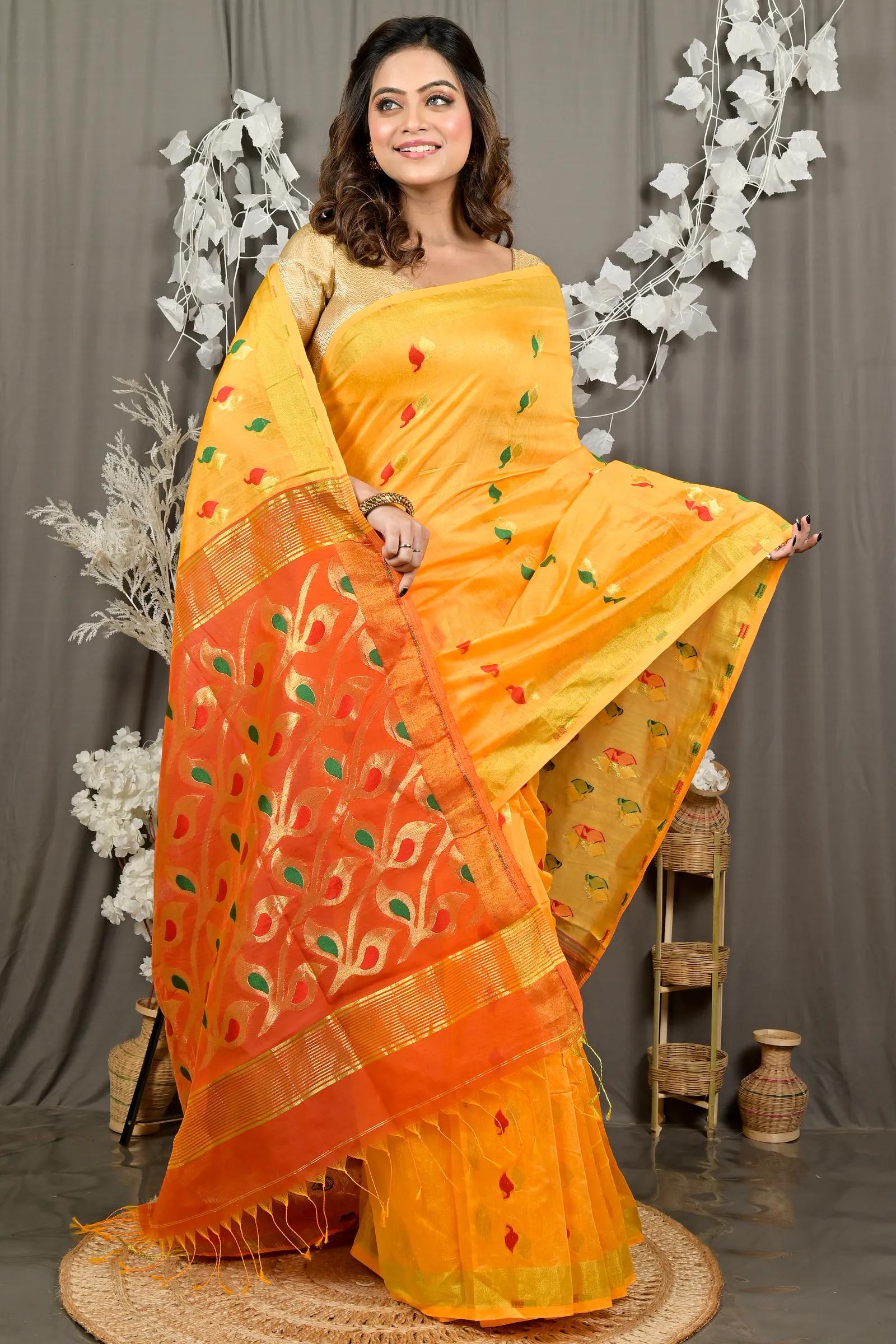 DipDiya Cotton Blend Yellow Red Dhrum Classic Grace Handloom Sarees