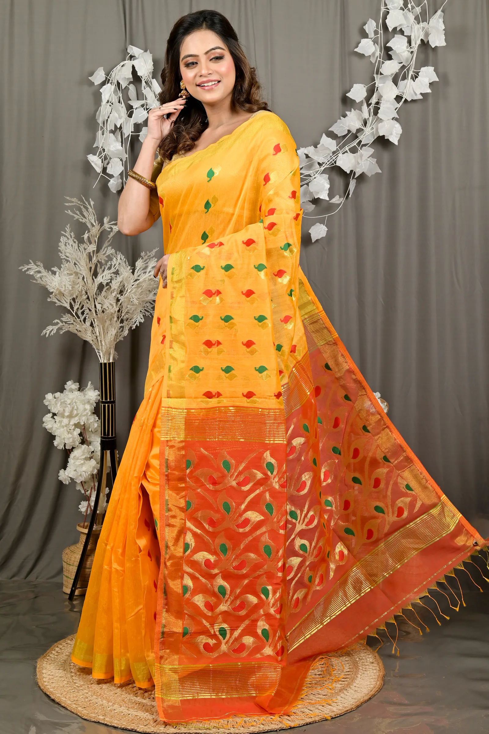 DipDiya Cotton Blend Yellow Red Dhrum Classic Grace Handloom Sarees