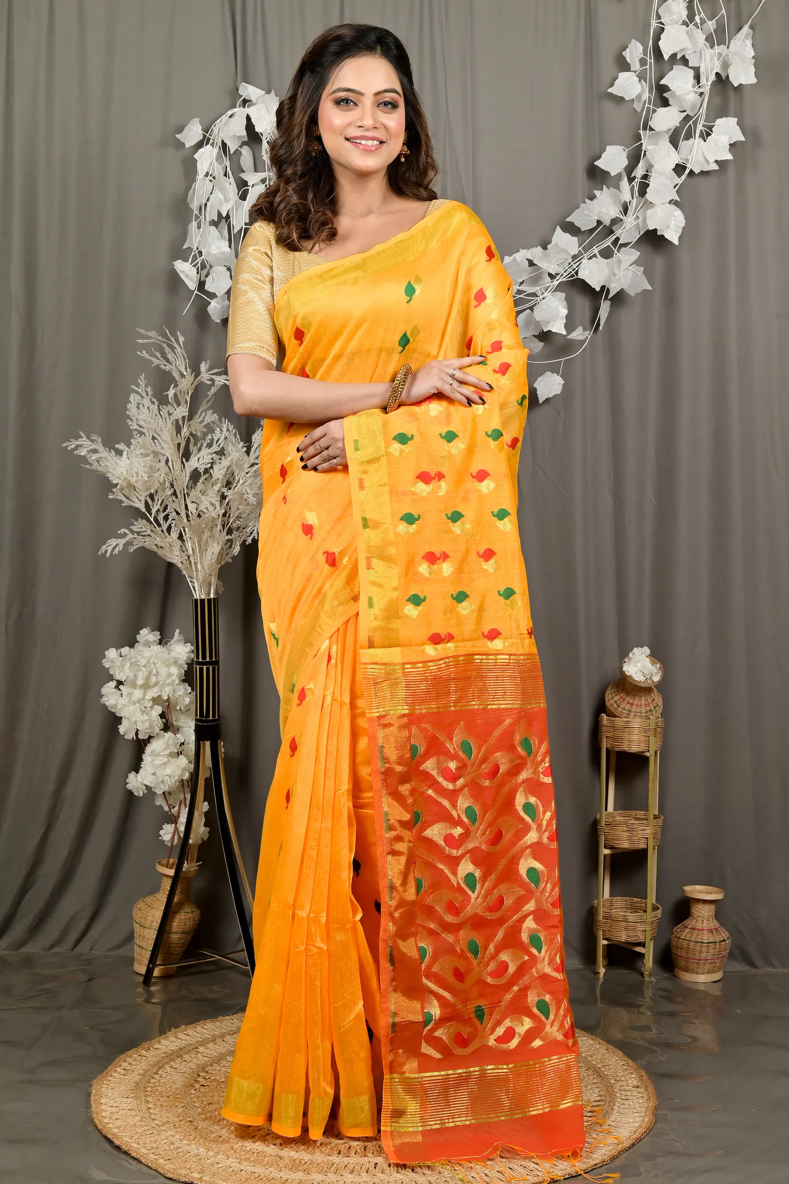 DipDiya Cotton Blend Yellow Red Dhrum Classic Grace Handloom Sarees