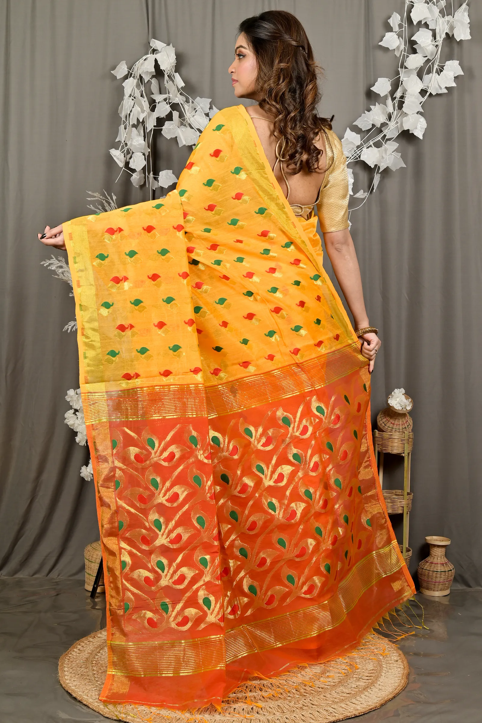 DipDiya Cotton Blend Yellow Red Dhrum Classic Grace Handloom Sarees