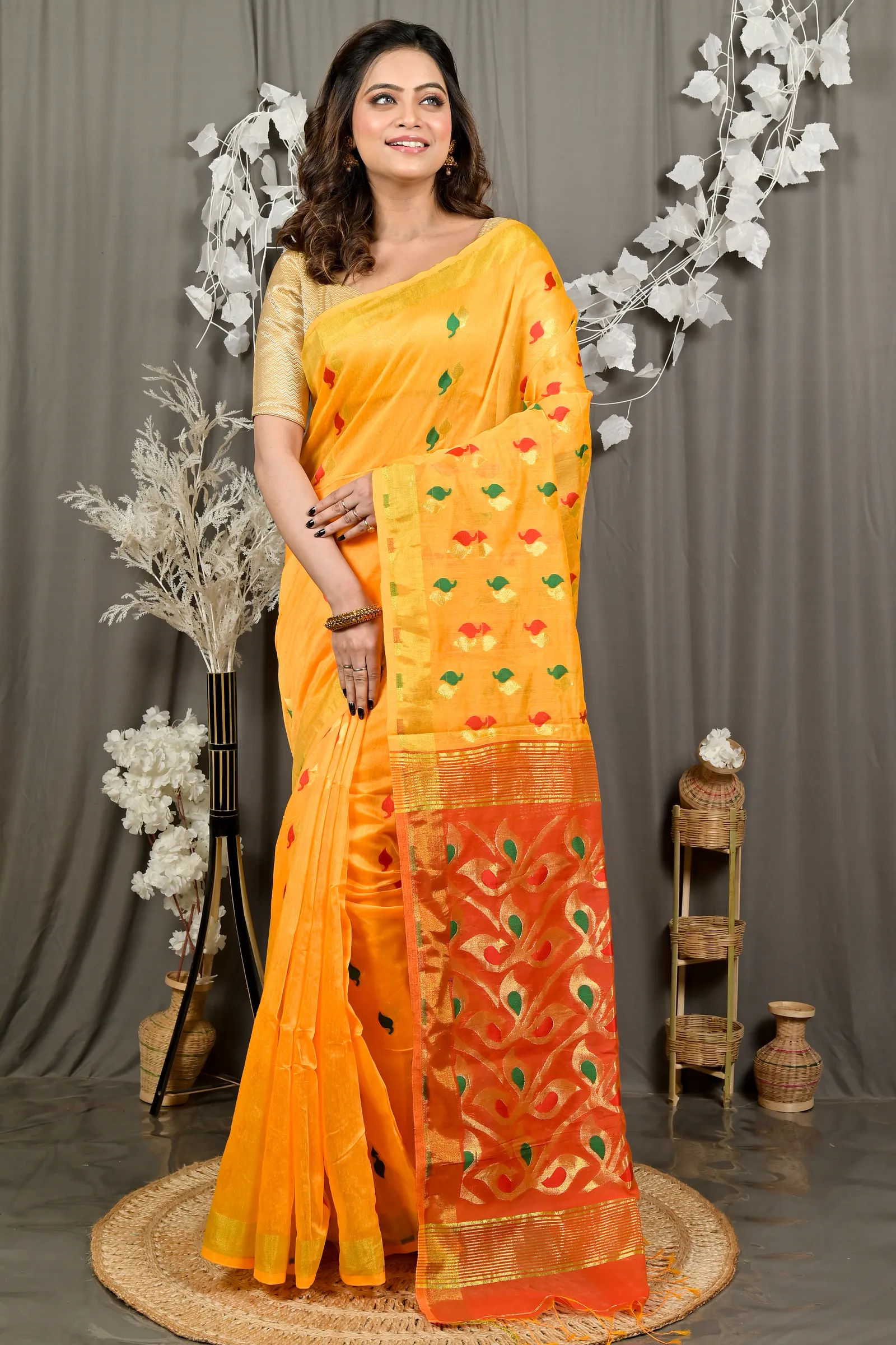 DipDiya Cotton Blend Yellow Red Dhrum Classic Grace Handloom Sarees