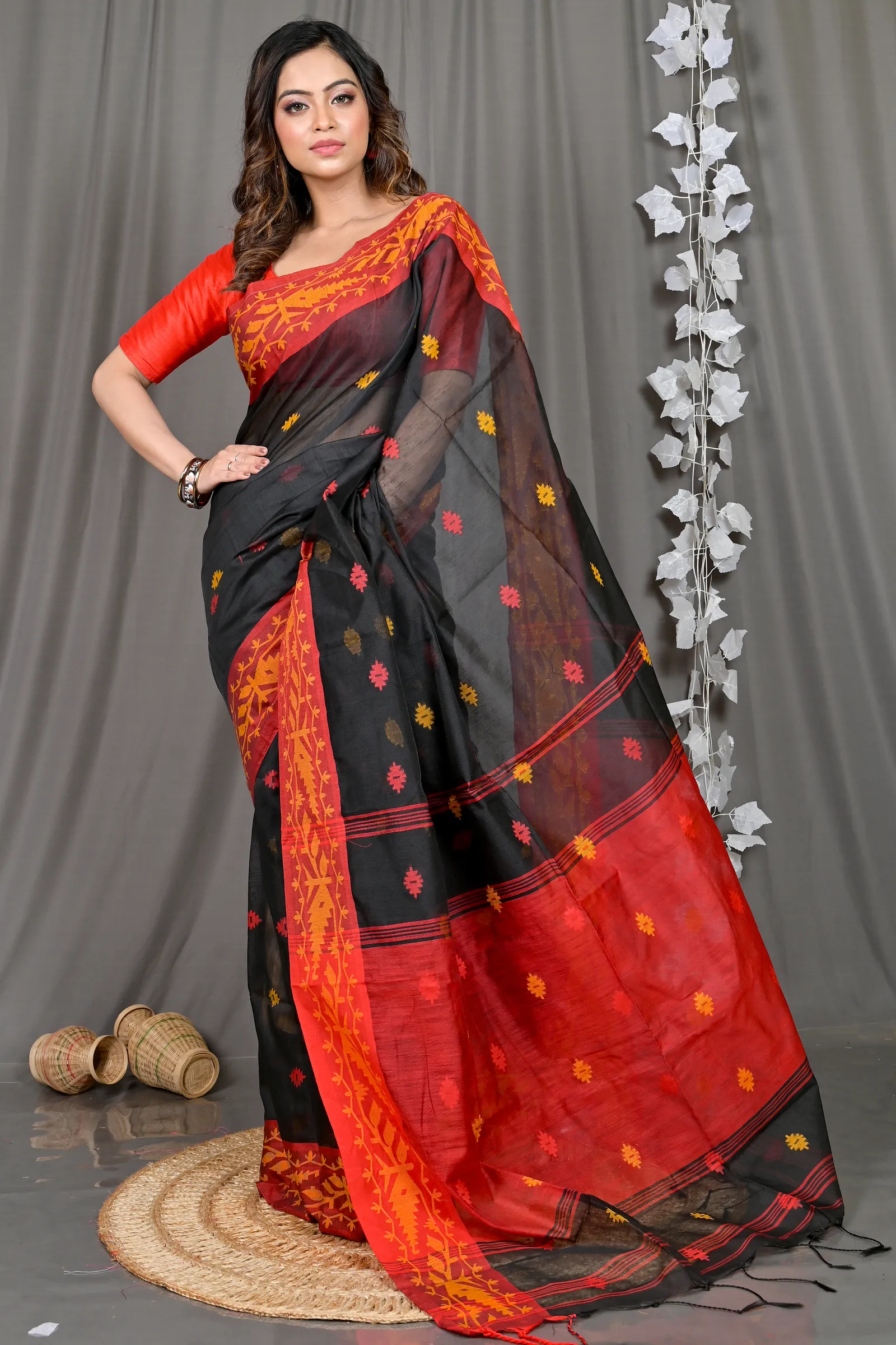 DipDiya Cotton Blended Black Red Parul Crafted in Bengal Handloom Sarees