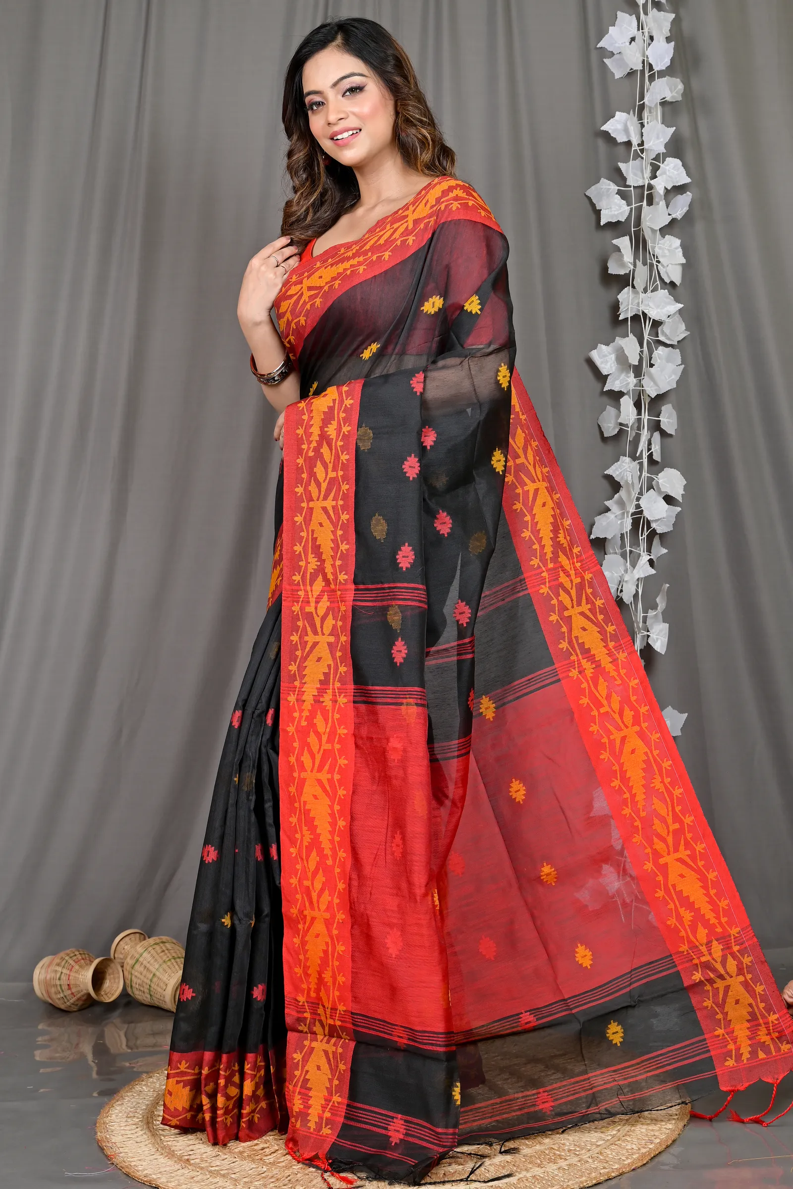 DipDiya Cotton Blended Black Red Parul Crafted in Bengal Handloom Sarees