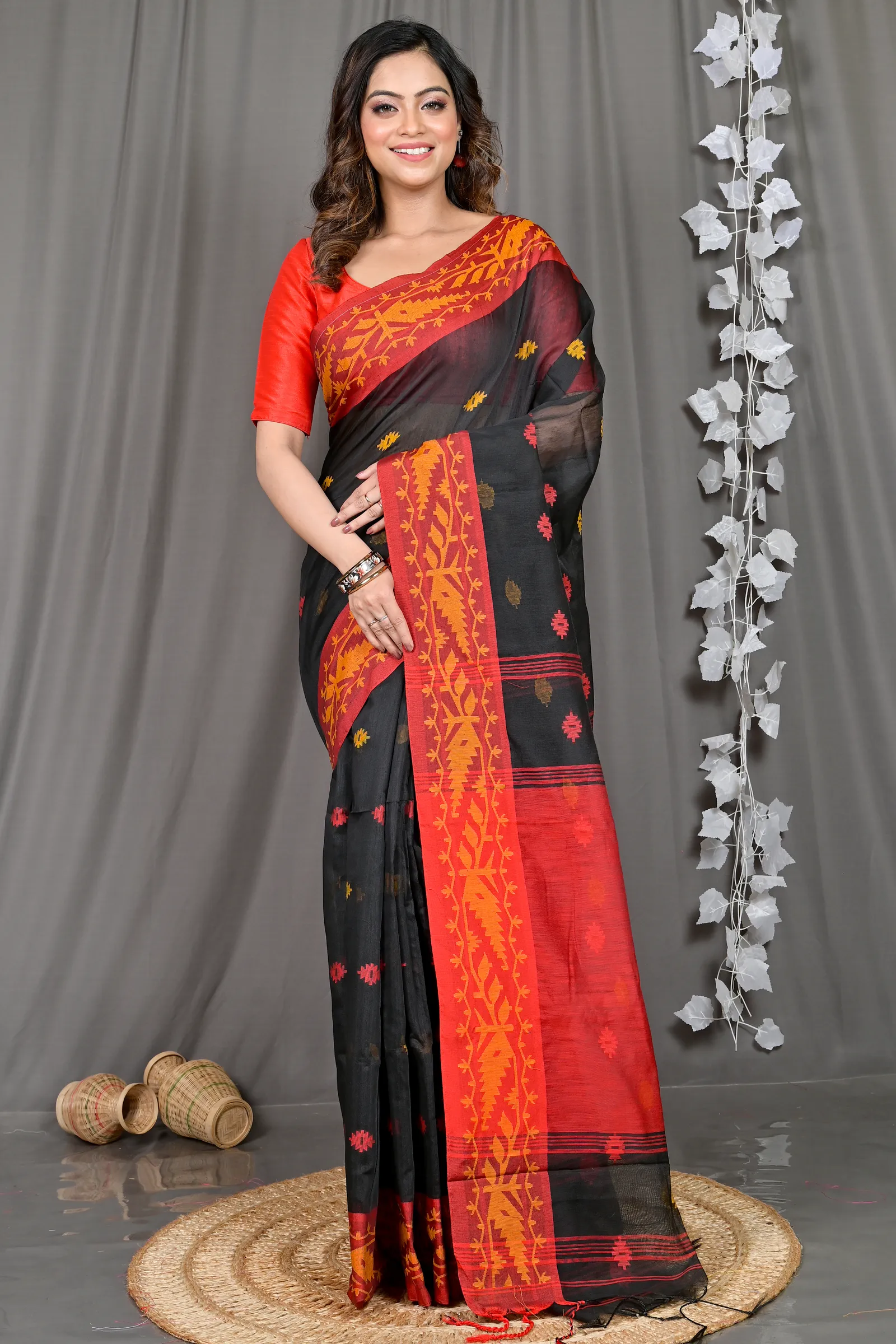 DipDiya Cotton Blended Black Red Parul Crafted in Bengal Handloom Sarees