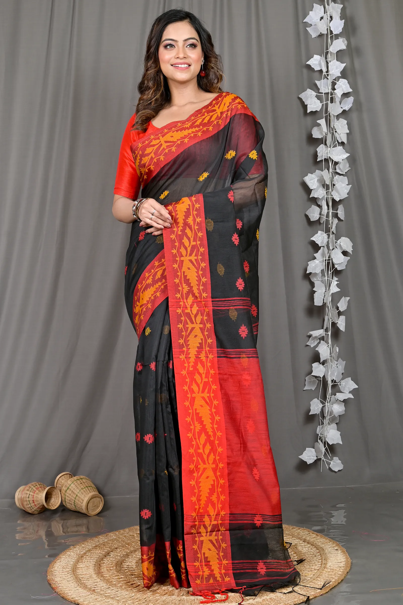 DipDiya Cotton Blended Black Red Parul Crafted in Bengal Handloom Sarees