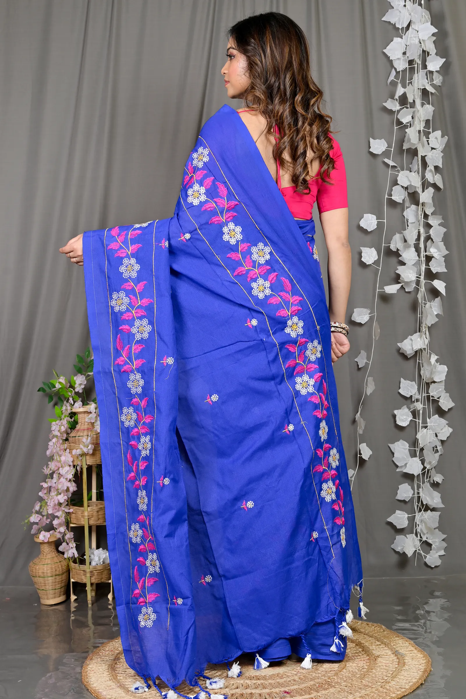 DipDiya Cotton Blended Blue Paraya Bengal’s Tradition Embroidery Handloom sarees