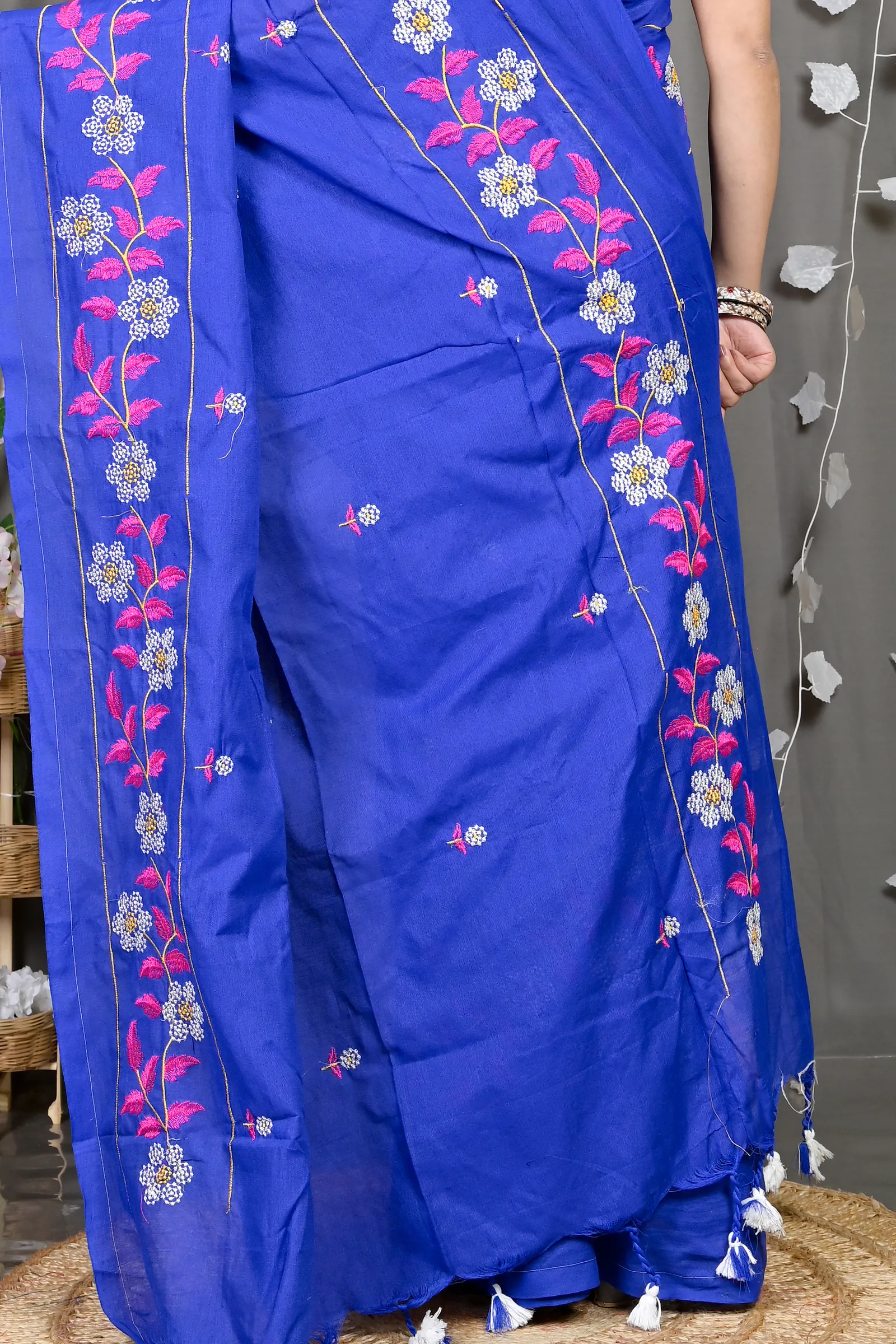 DipDiya Cotton Blended Blue Paraya Bengal’s Tradition Embroidery Handloom sarees
