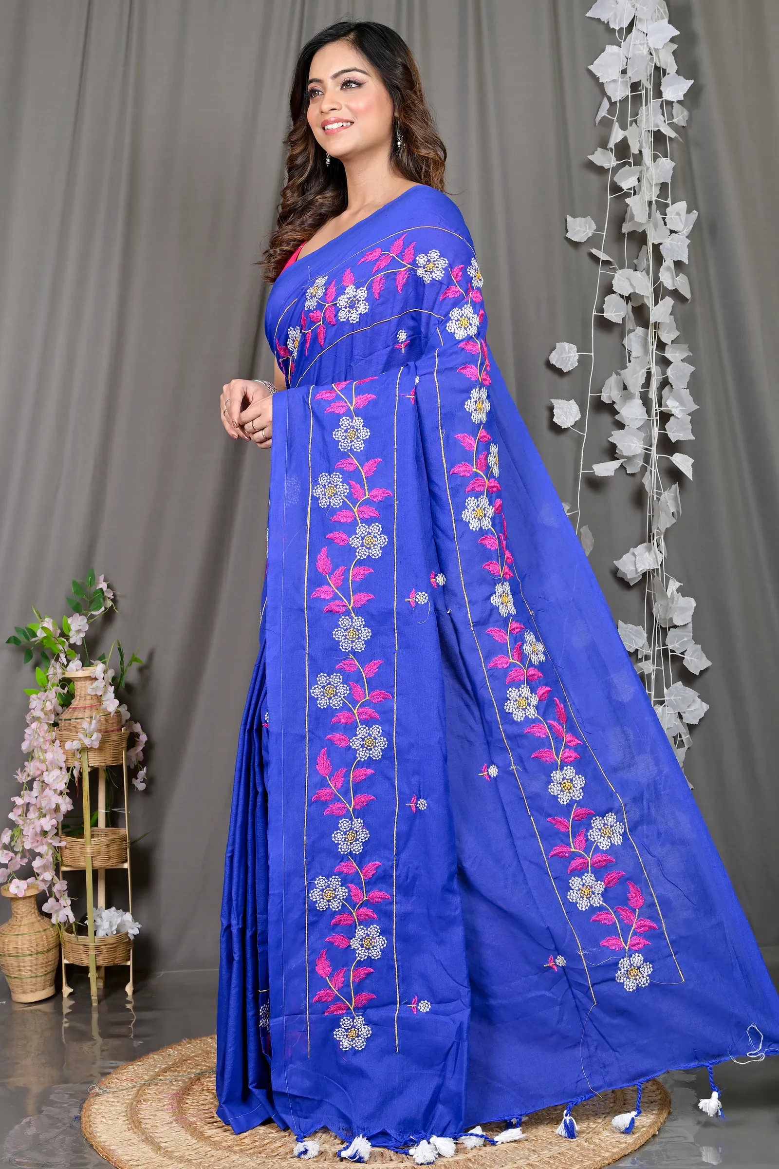 DipDiya Cotton Blended Blue Paraya Bengal’s Tradition Embroidery Handloom sarees