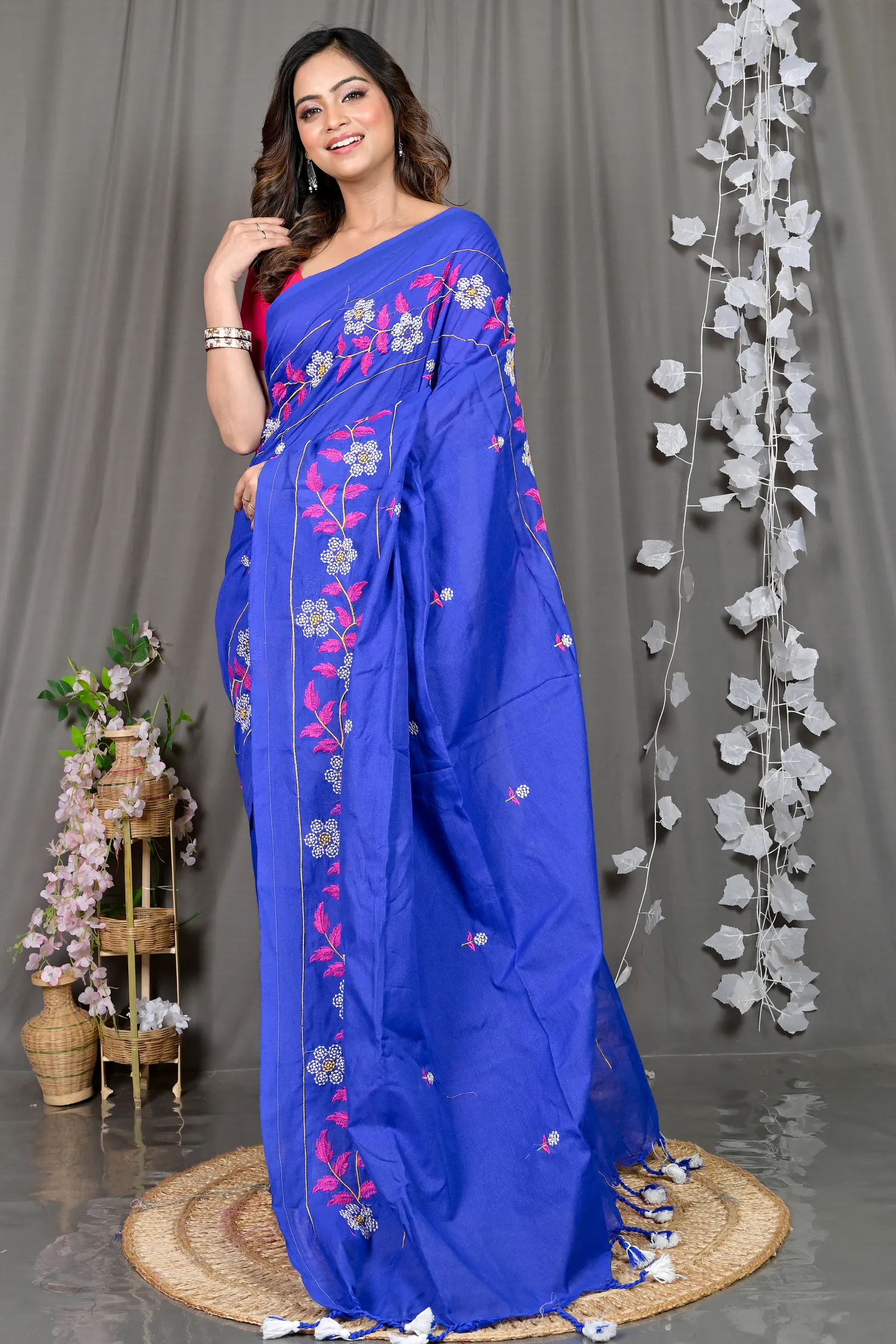 DipDiya Cotton Blended Blue Paraya Bengal’s Tradition Embroidery Handloom sarees