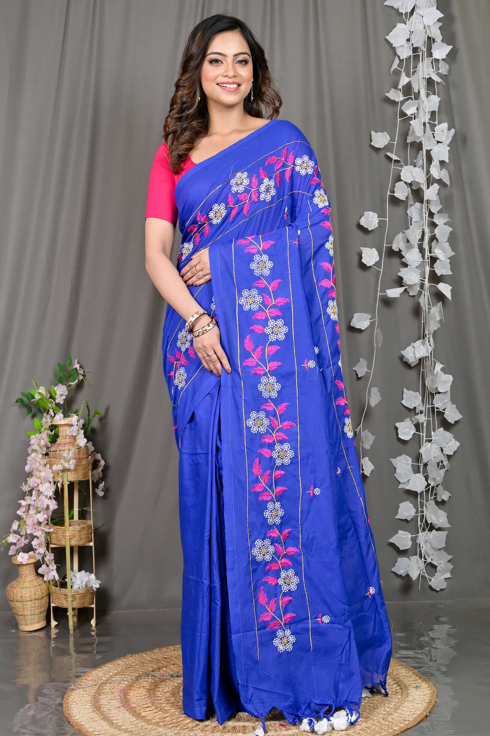 DipDiya Cotton Blended Blue Paraya Bengal’s Tradition Embroidery Handloom sarees