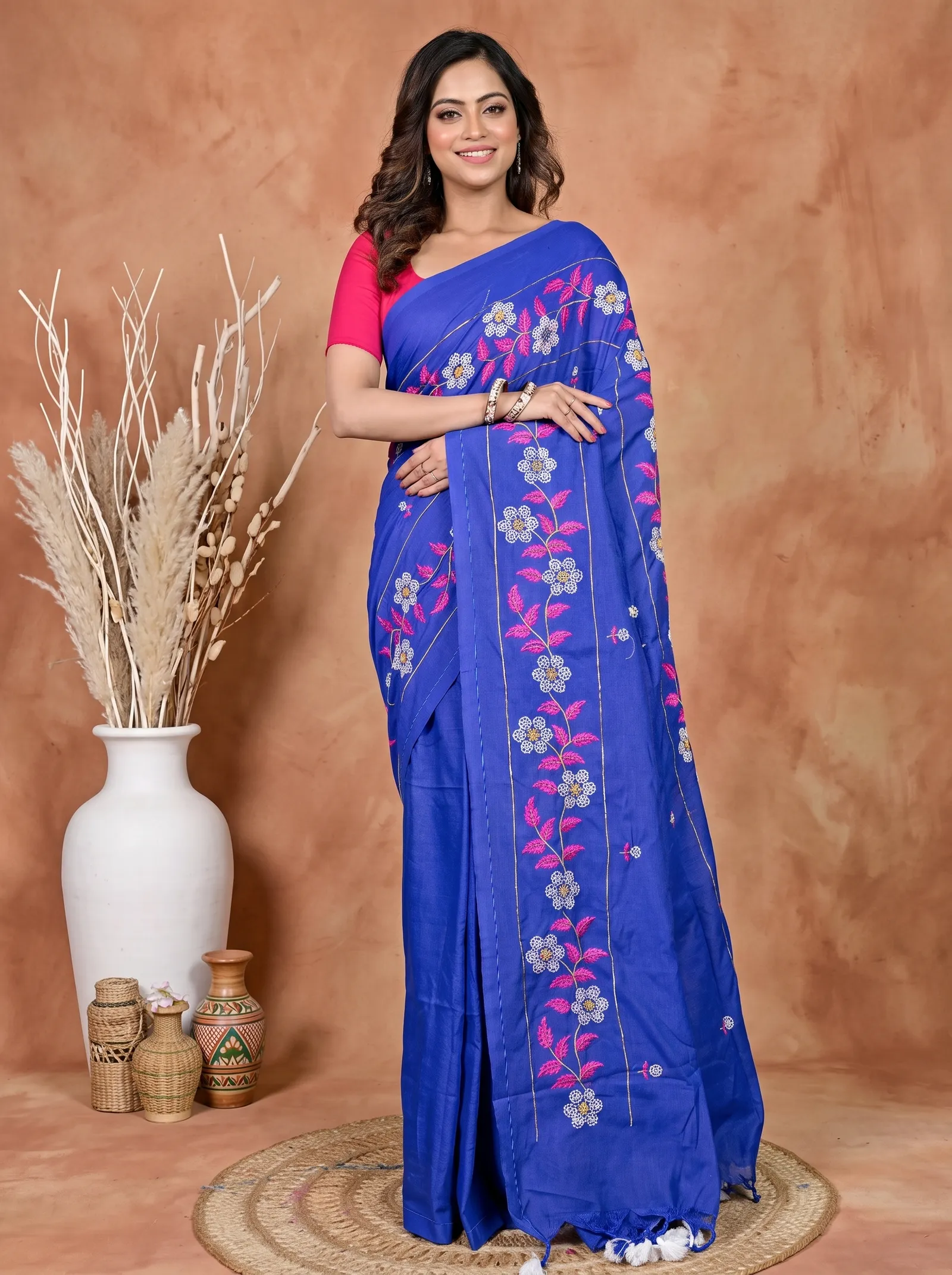 DipDiya Cotton Blended Blue Paraya Bengal’s Tradition Embroidery Handloom sarees