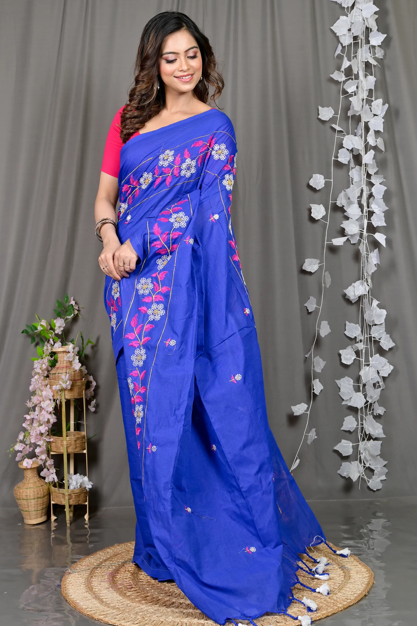 DipDiya Cotton Blended Blue Paraya Bengal’s Tradition Embroidery Handloom sarees