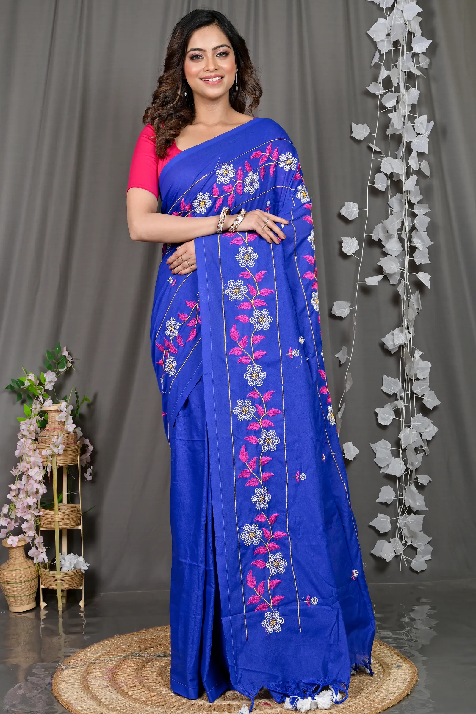 DipDiya Cotton Blended Blue Paraya Bengal’s Tradition Embroidery Handloom sarees