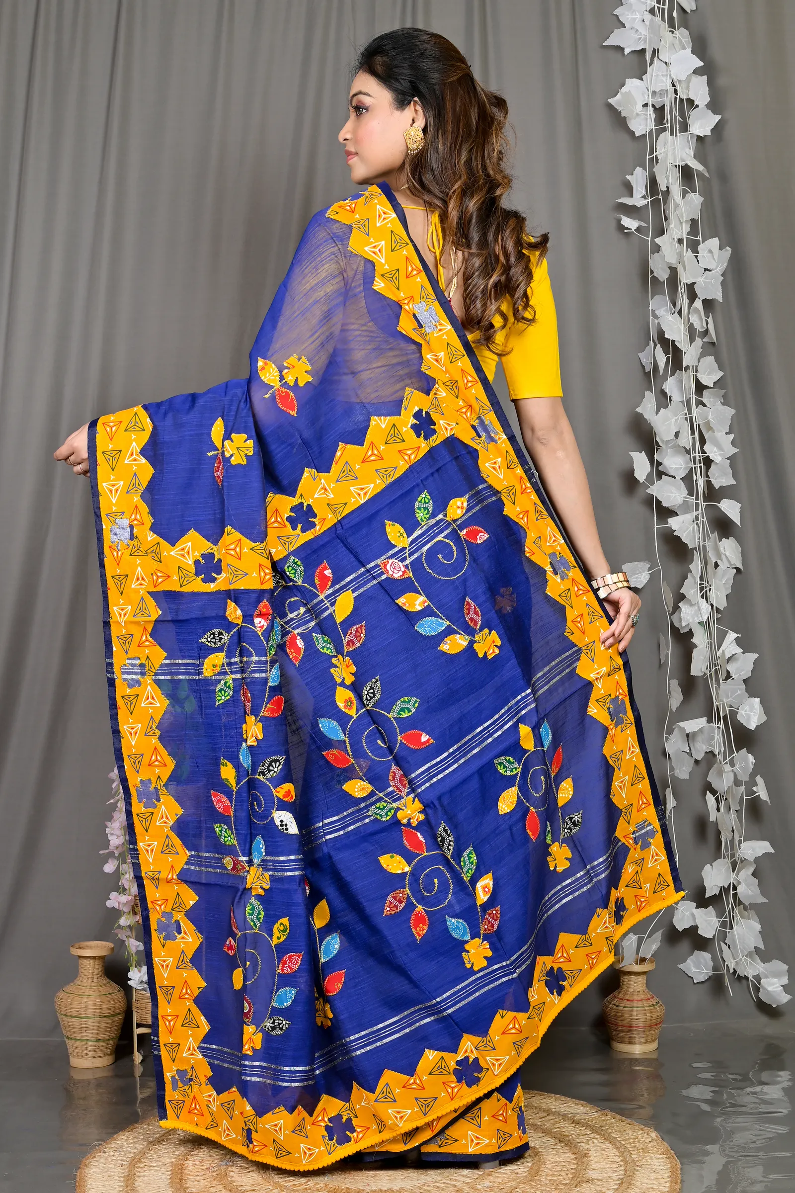 DipDiya Cotton Blended Blue Parik Timeless Elegance Applique Sarees