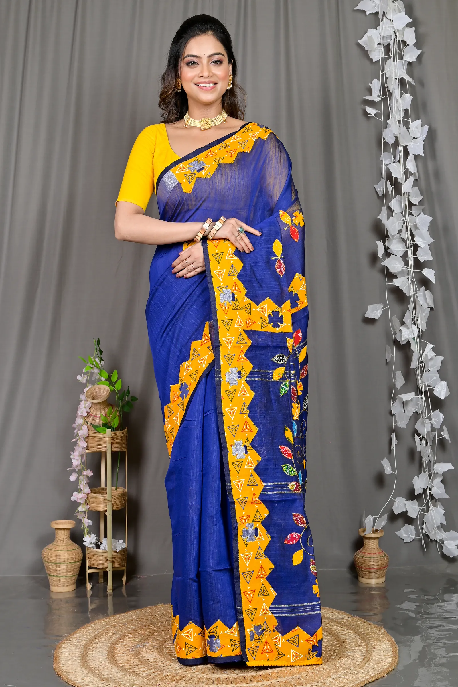 DipDiya Cotton Blended Blue Parik Timeless Elegance Applique Sarees