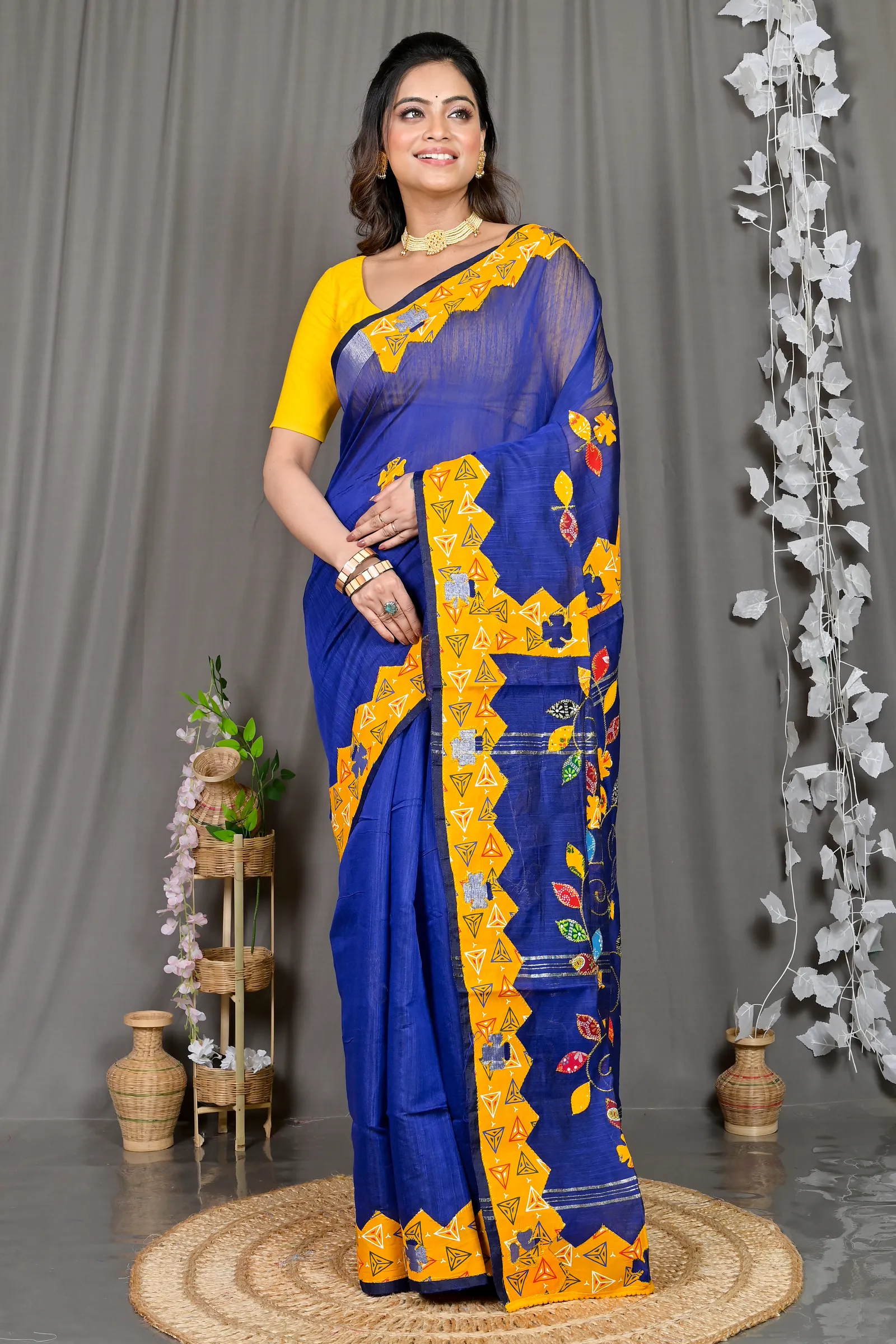 DipDiya Cotton Blended Blue Parik Timeless Elegance Applique Sarees