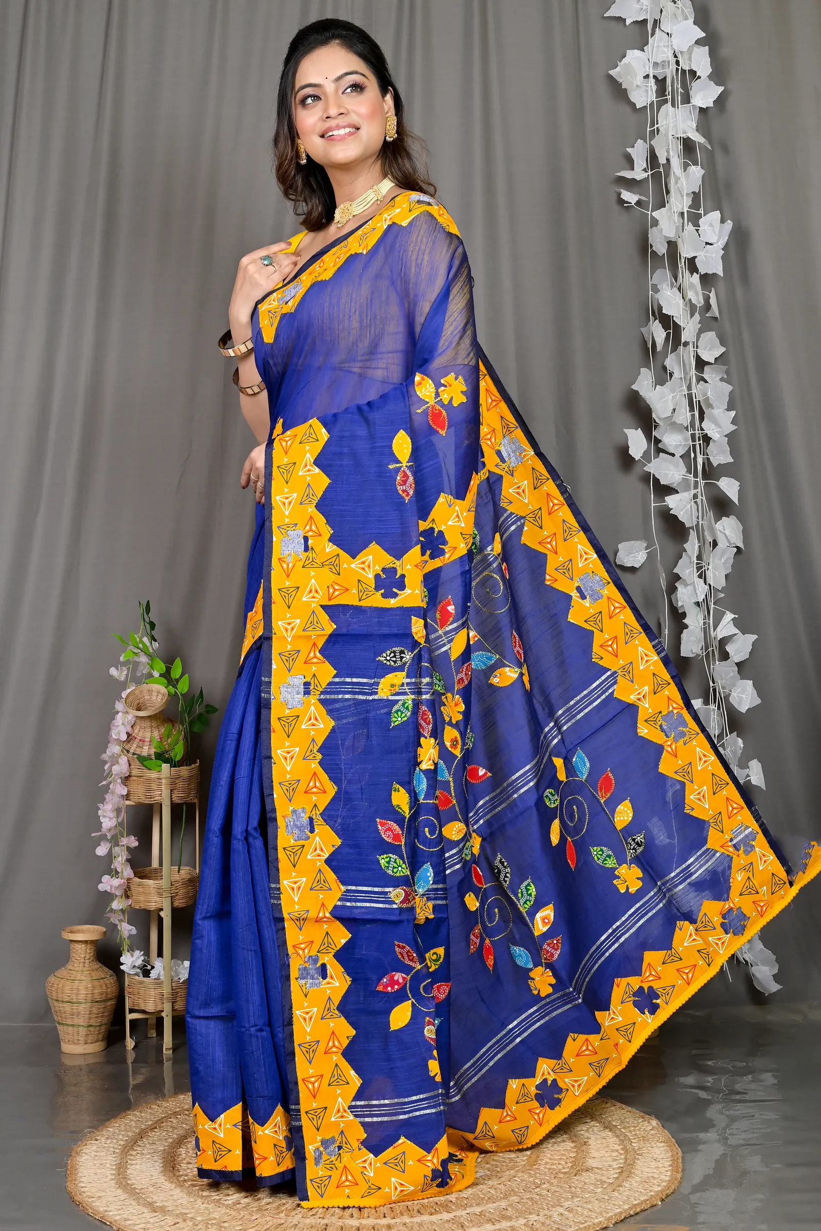 DipDiya Cotton Blended Blue Parik Timeless Elegance Applique Sarees