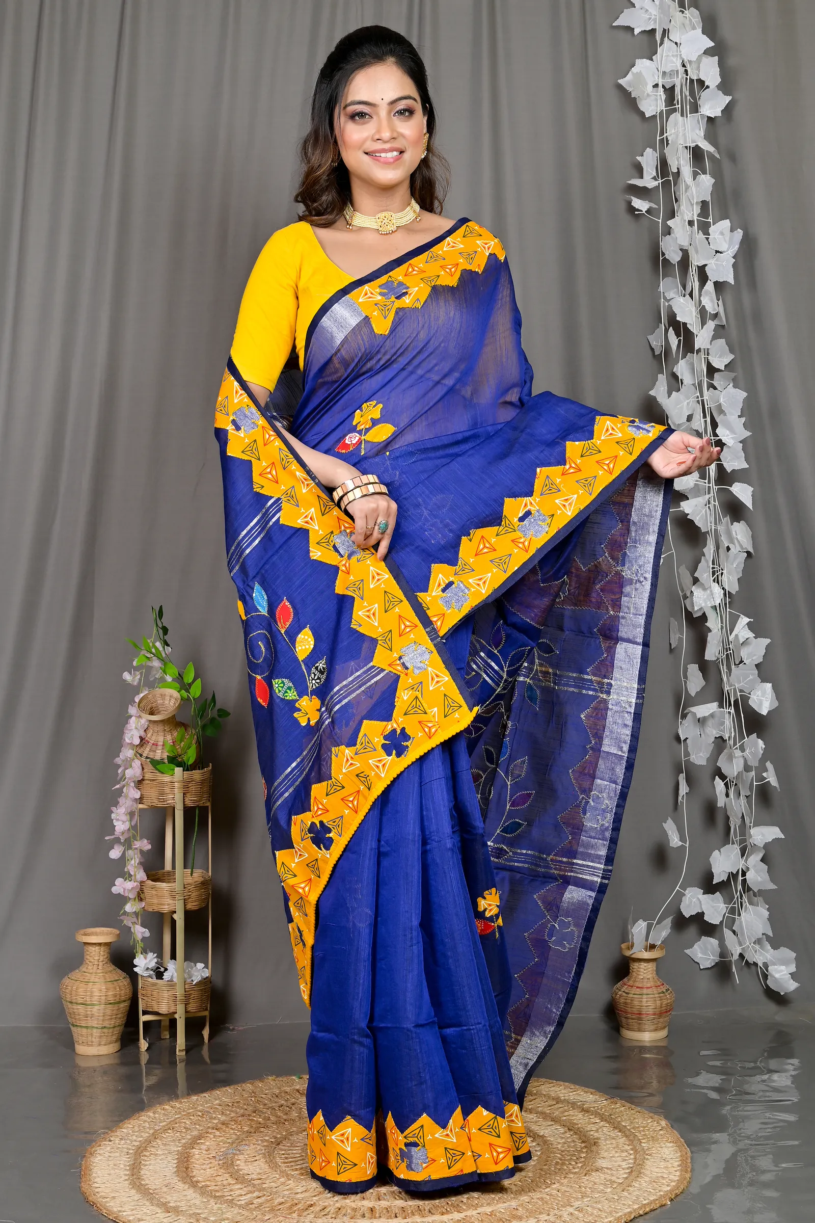 DipDiya Cotton Blended Blue Parik Timeless Elegance Applique Sarees