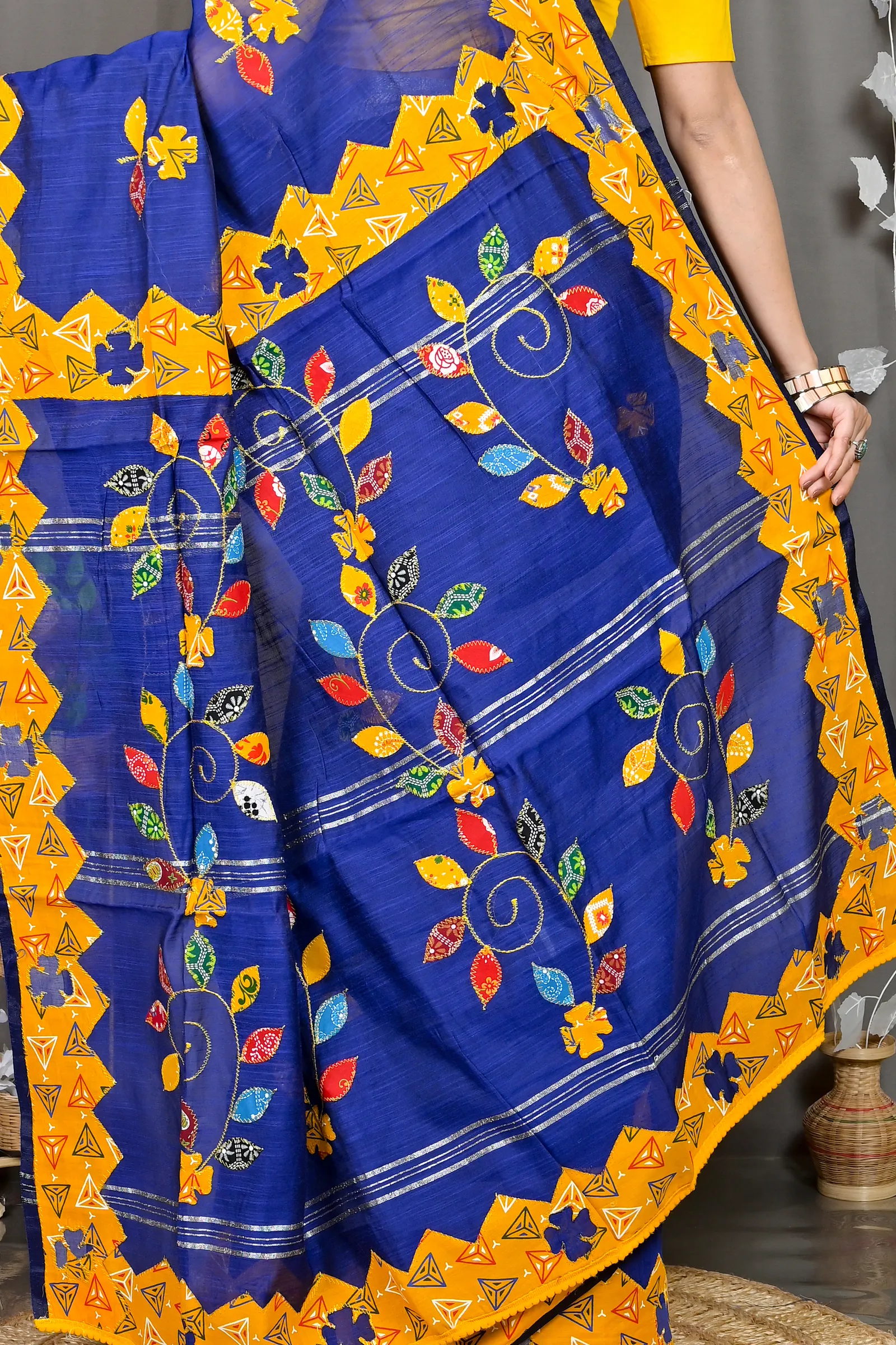 DipDiya Cotton Blended Blue Parik Timeless Elegance Applique Sarees