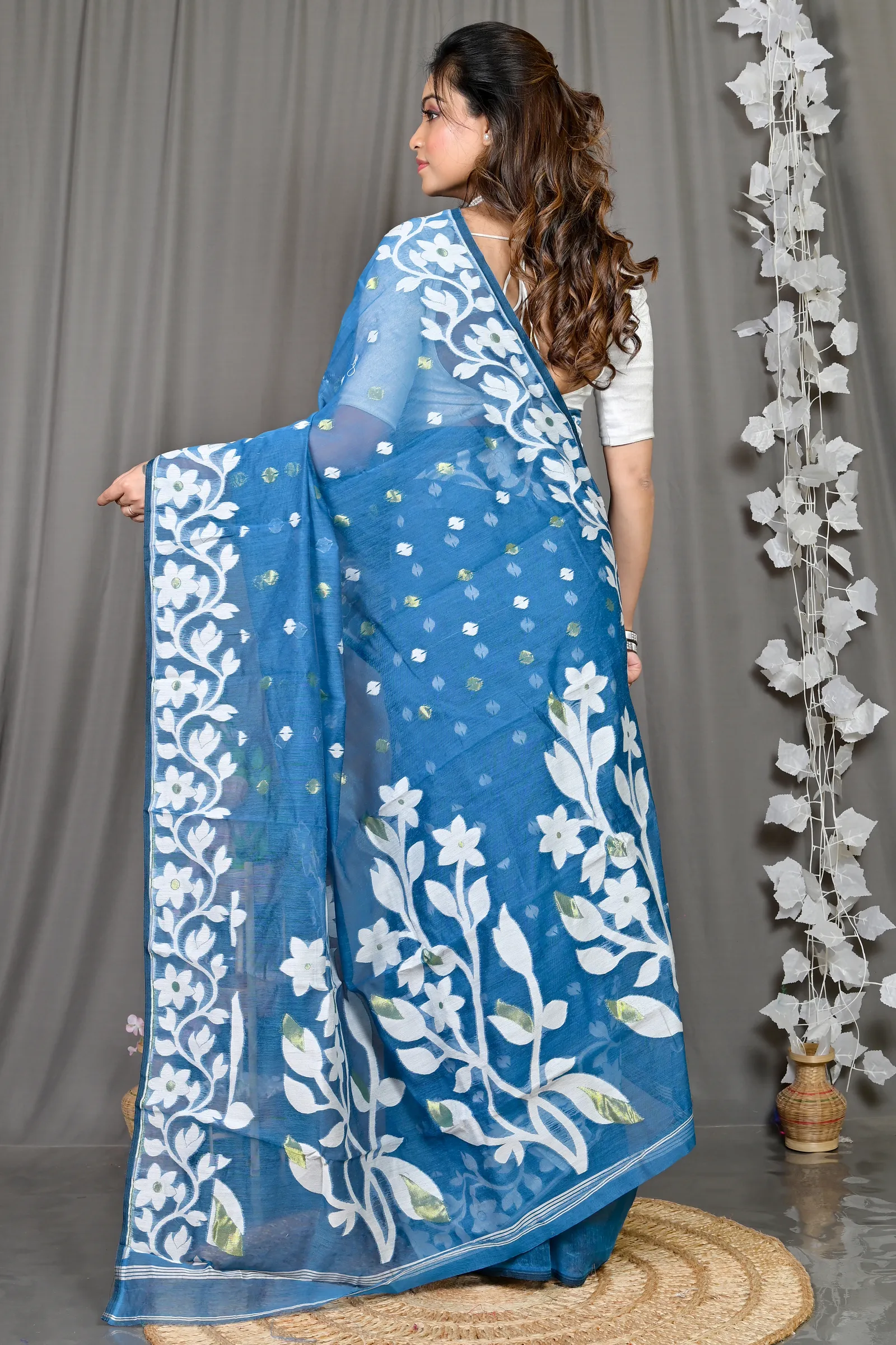 DipDiya Cotton Blended Blue Parinit Wrapped in Heritage Jamdani Sarees