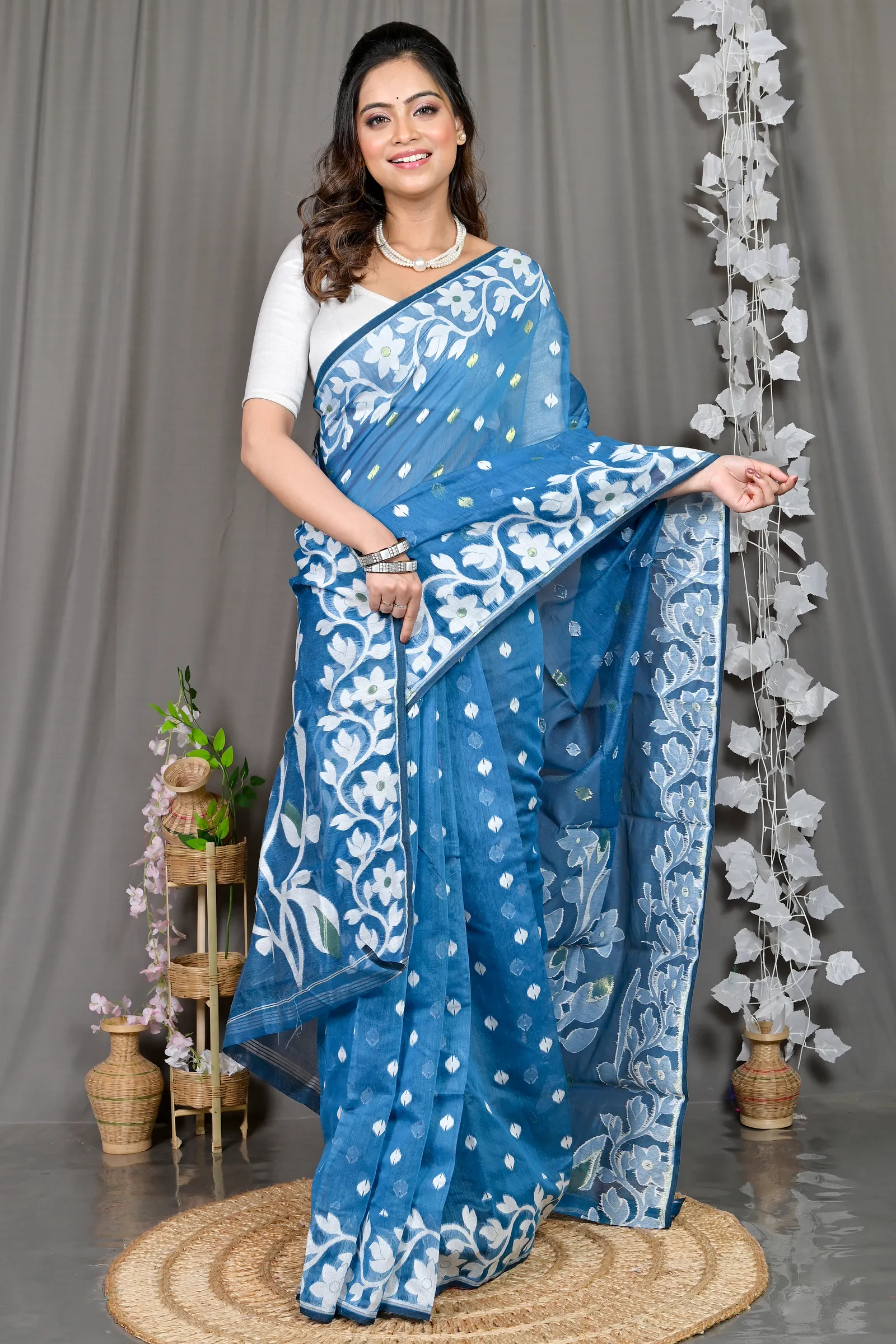 DipDiya Cotton Blended Blue Parinit Wrapped in Heritage Jamdani Sarees