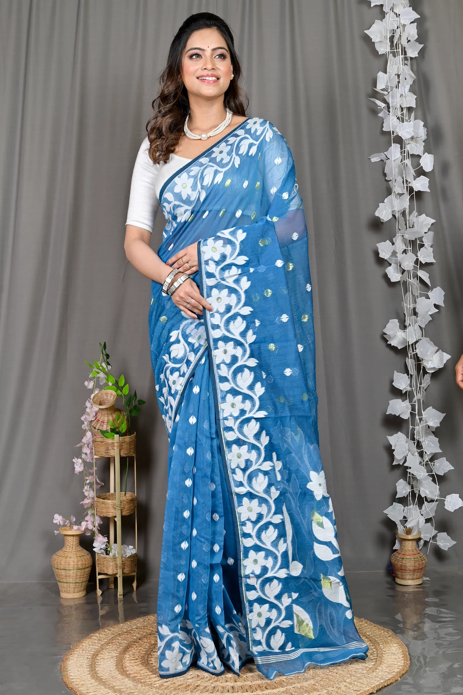 DipDiya Cotton Blended Blue Parinit Wrapped in Heritage Jamdani Sarees