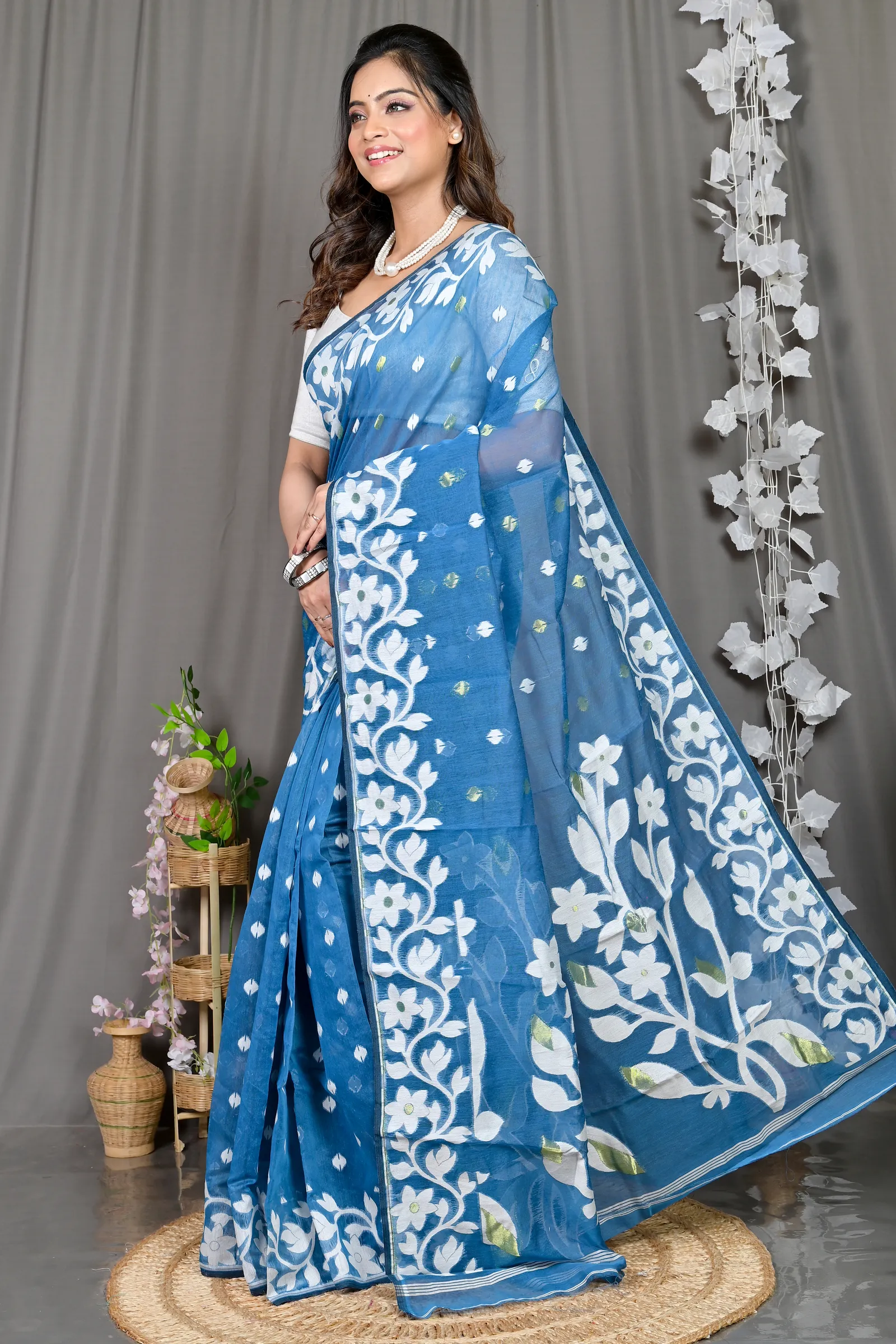 DipDiya Cotton Blended Blue Parinit Wrapped in Heritage Jamdani Sarees