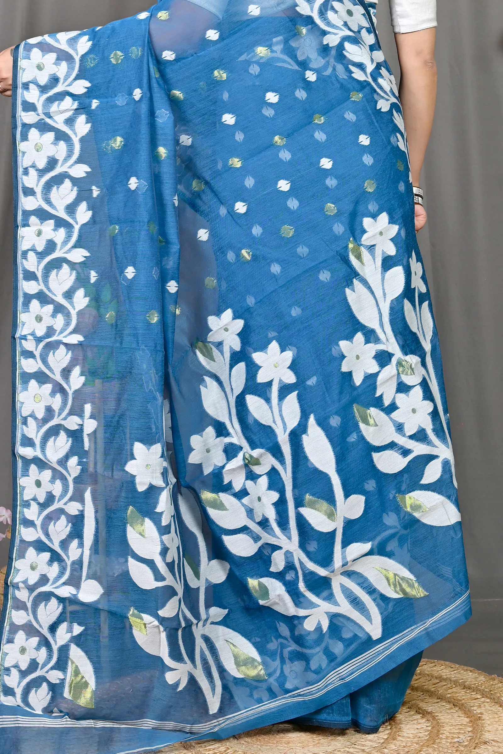 DipDiya Cotton Blended Blue Parinit Wrapped in Heritage Jamdani Sarees