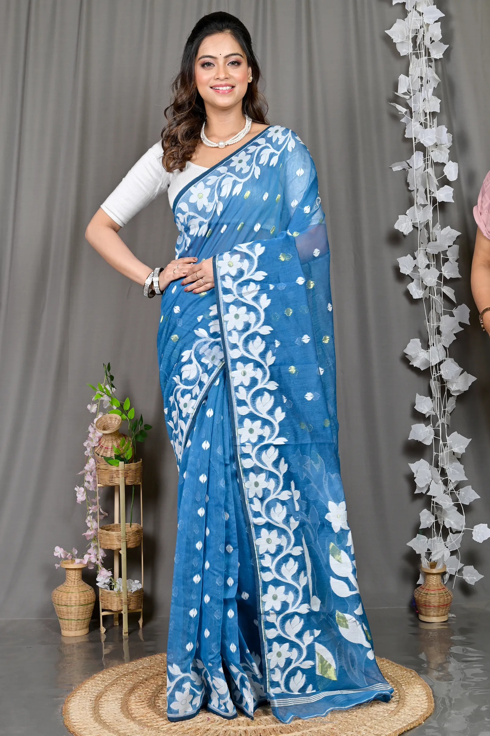 DipDiya Cotton Blended Blue Parinit Wrapped in Heritage Jamdani Sarees