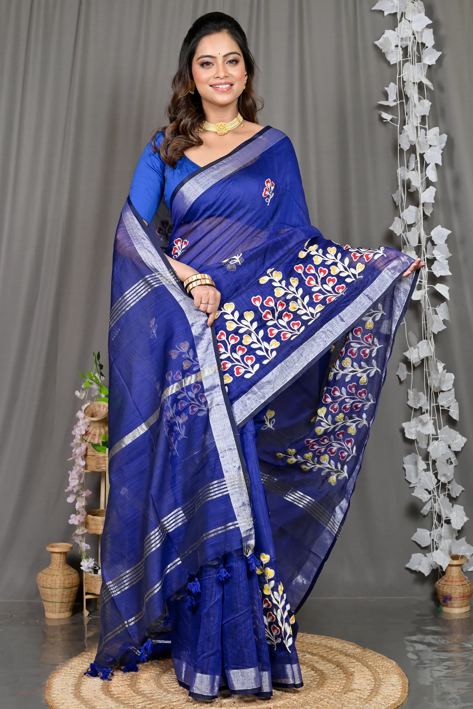 DipDiya Cotton Blended Blue Paroni Wrapped in Heritage Embroidery Handloom sarees