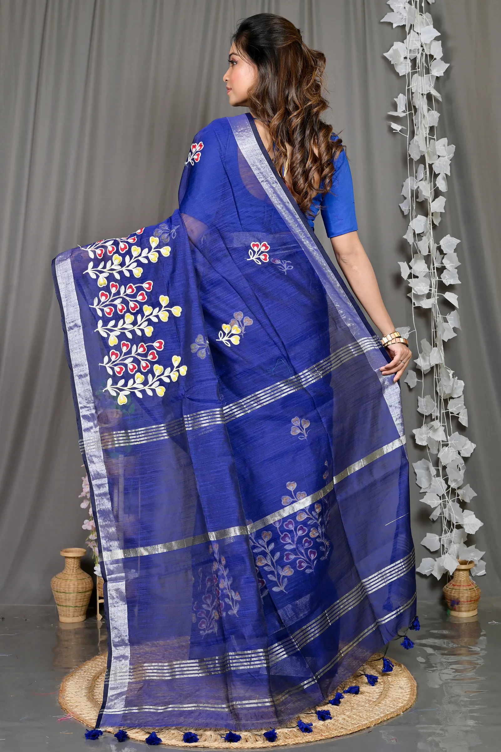 DipDiya Cotton Blended Blue Paroni Wrapped in Heritage Embroidery Handloom sarees