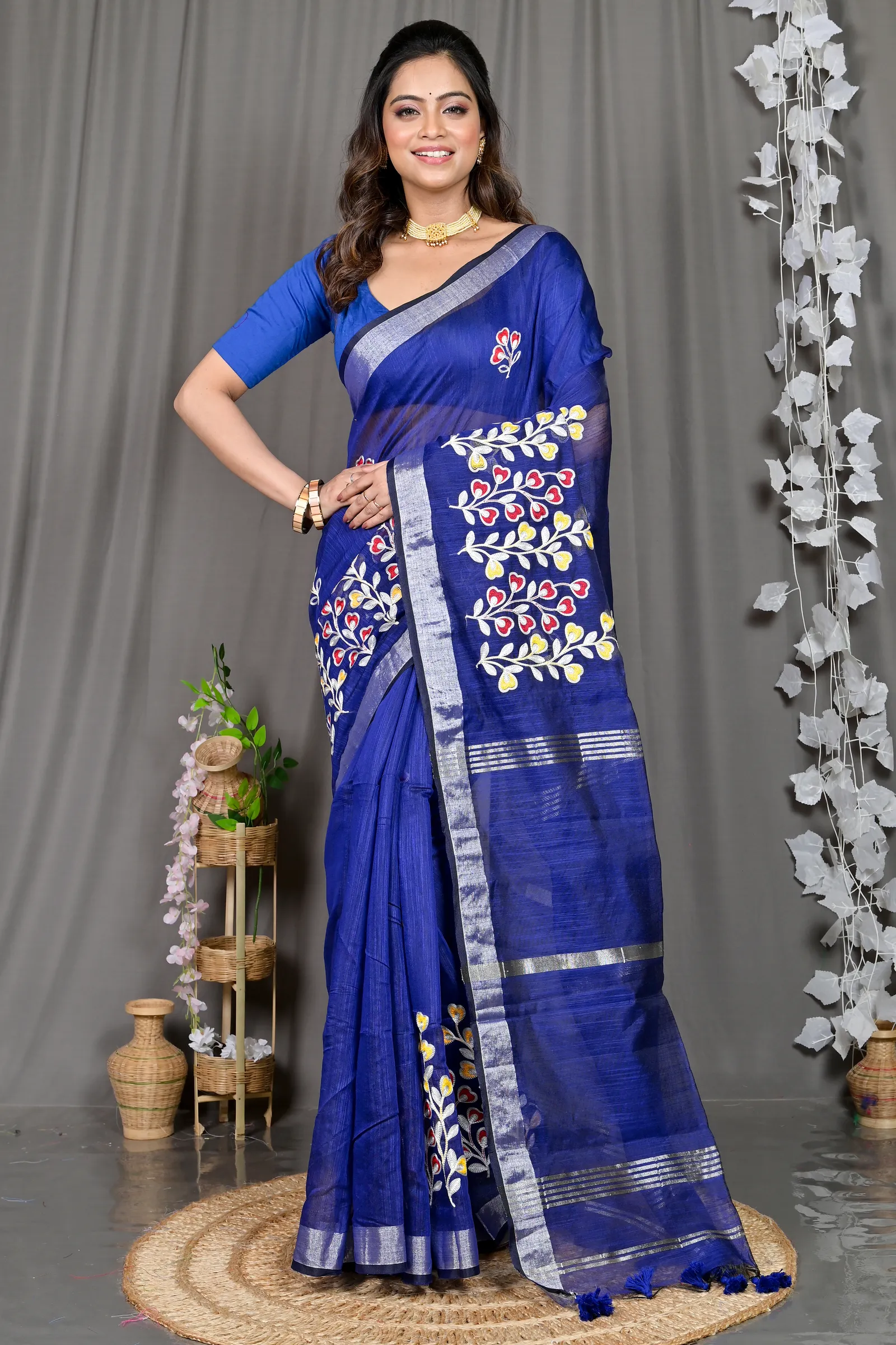 DipDiya Cotton Blended Blue Paroni Wrapped in Heritage Embroidery Handloom sarees