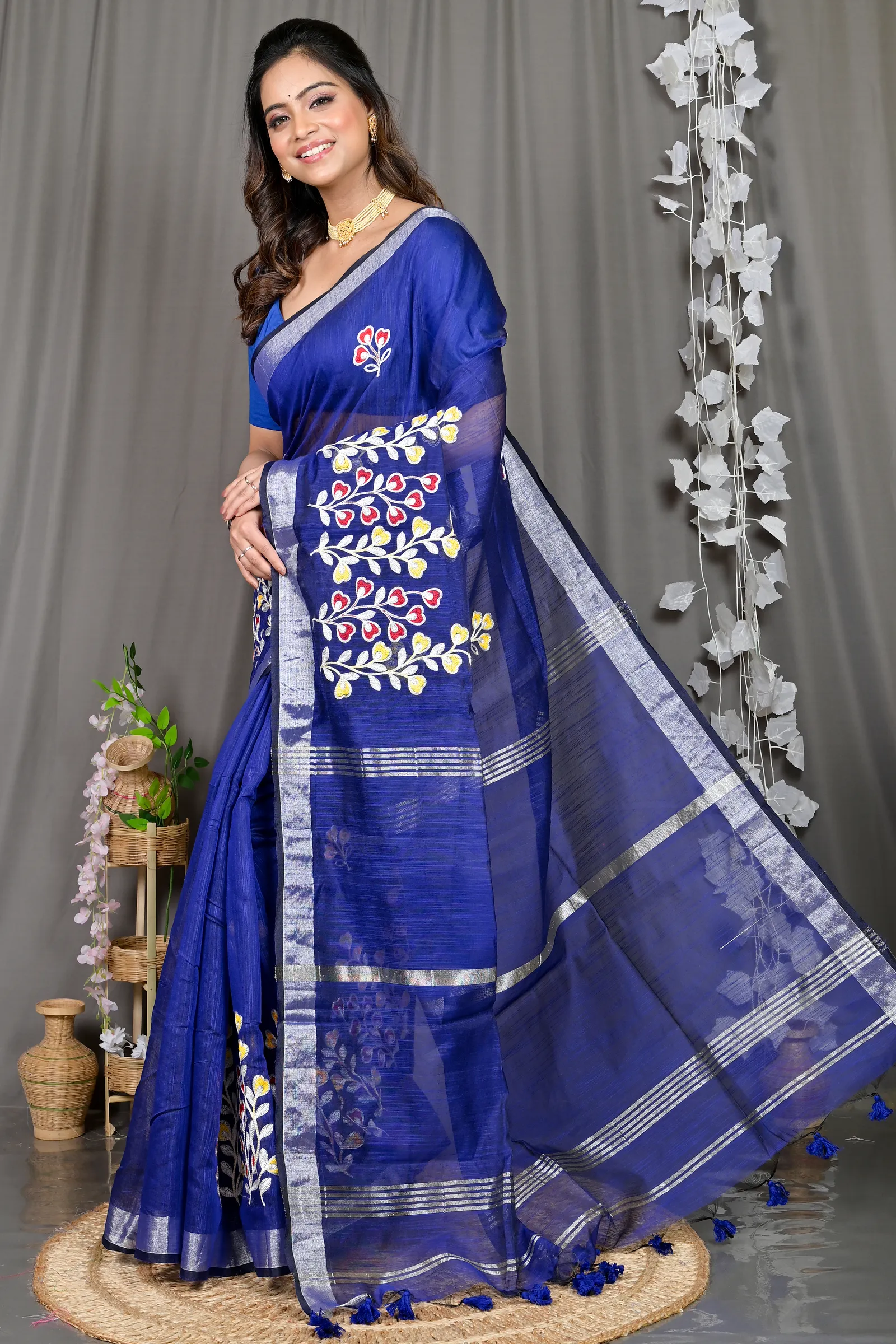 DipDiya Cotton Blended Blue Paroni Wrapped in Heritage Embroidery Handloom sarees