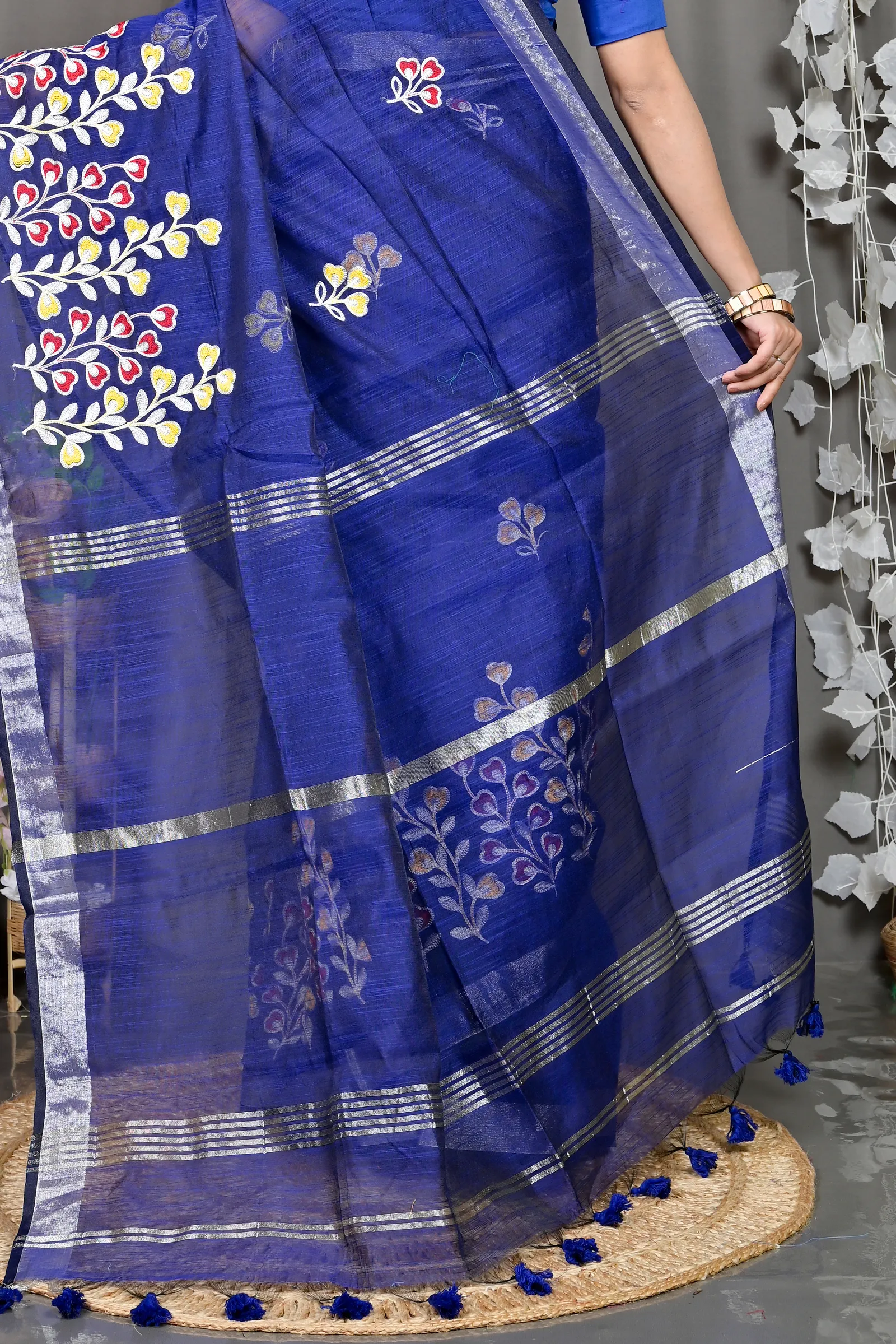 DipDiya Cotton Blended Blue Paroni Wrapped in Heritage Embroidery Handloom sarees
