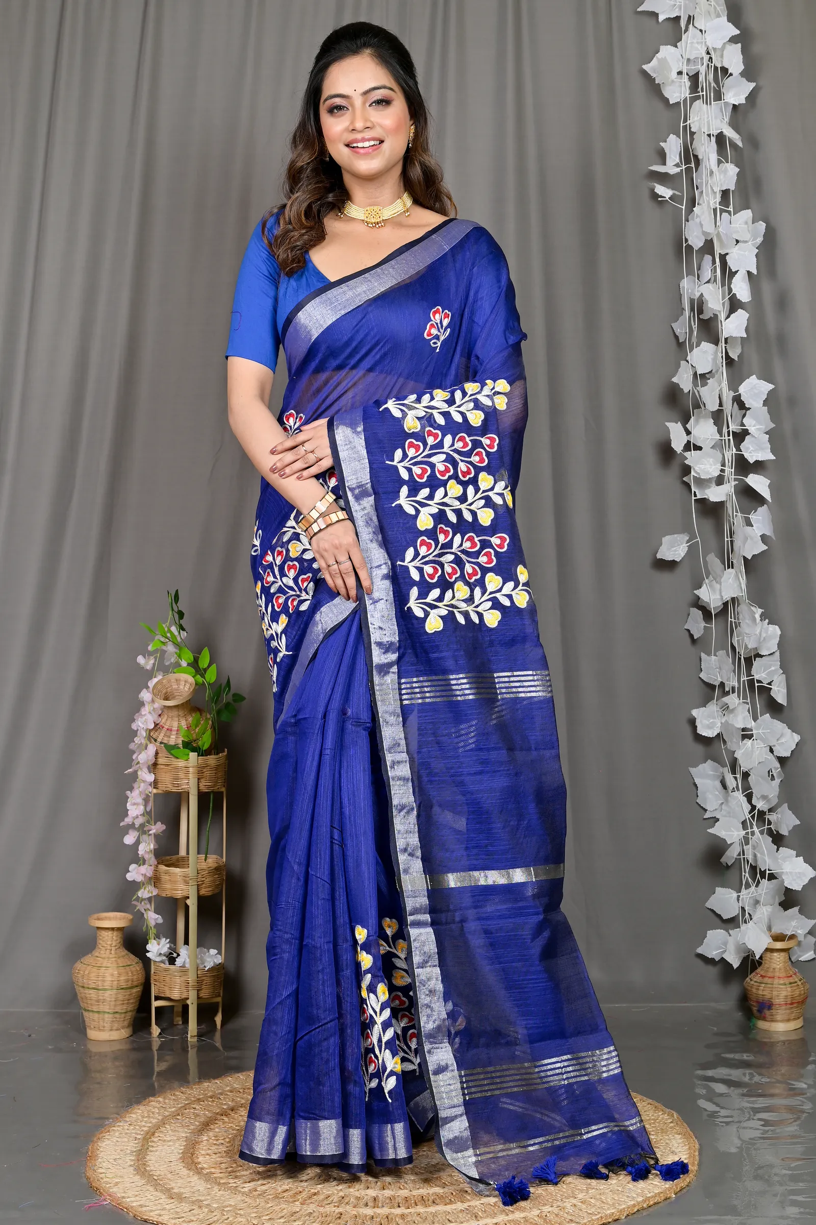 DipDiya Cotton Blended Blue Paroni Wrapped in Heritage Embroidery Handloom sarees