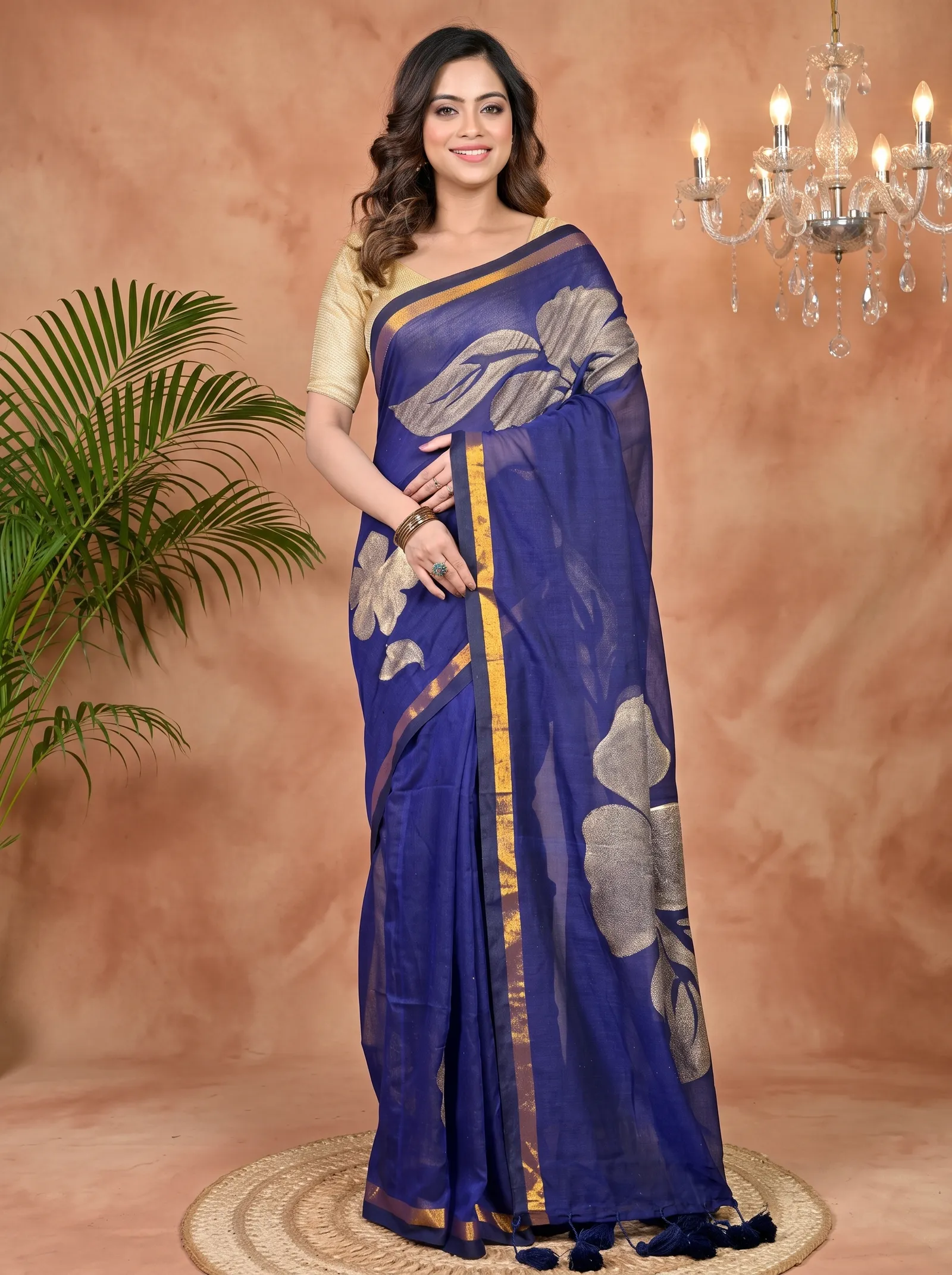DipDiya Cotton Blended Blue Soura Elegant by Tradition Printed Handloom Sarees