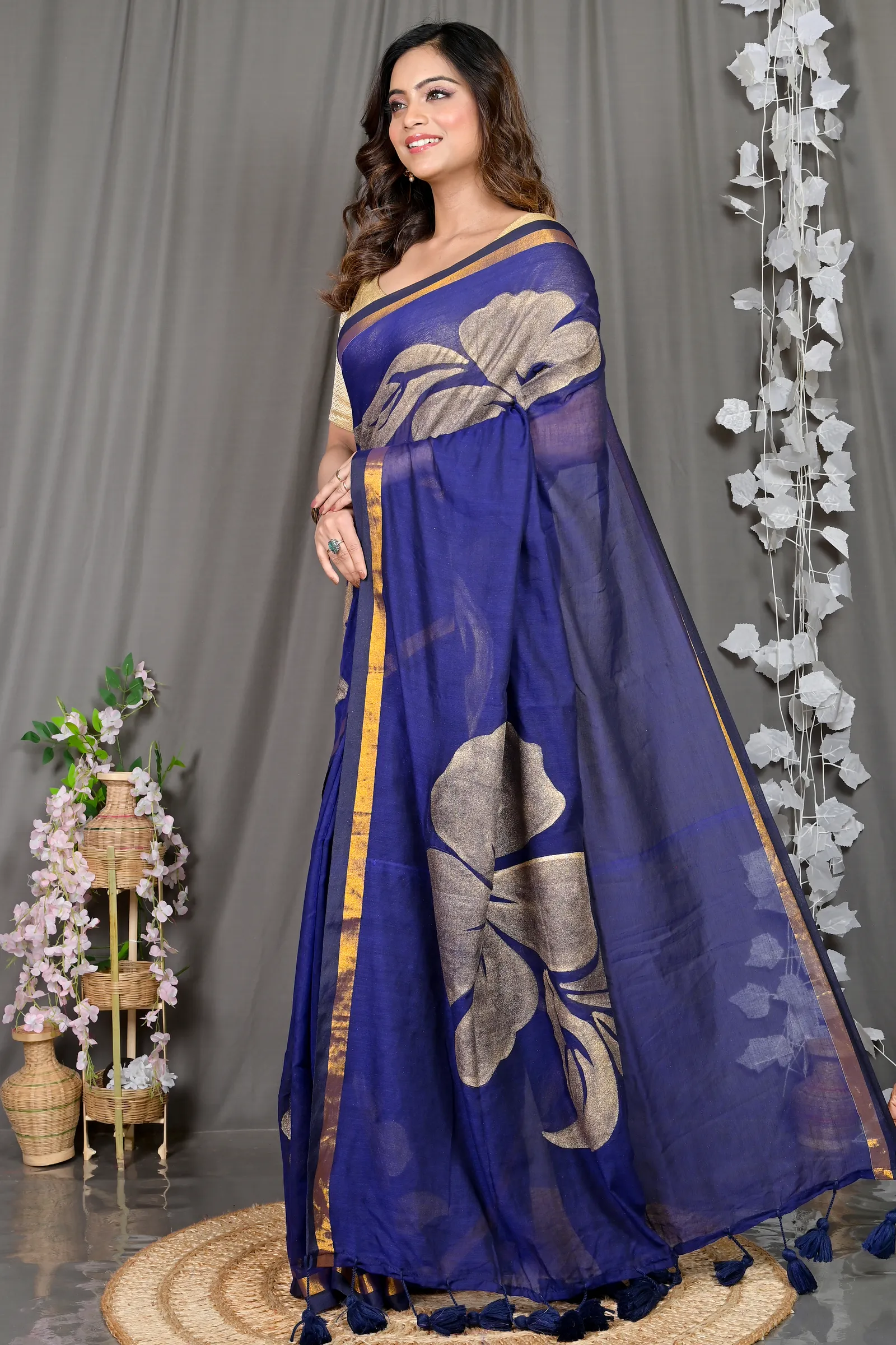 DipDiya Cotton Blended Blue Soura Elegant by Tradition Printed Handloom Sarees