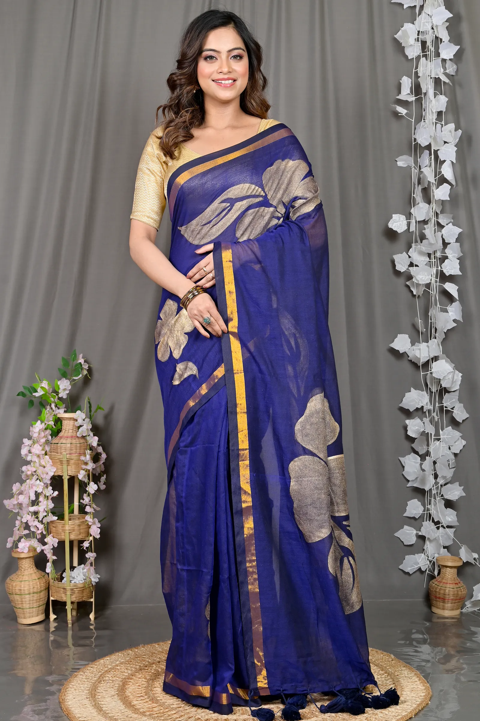 DipDiya Cotton Blended Blue Soura Elegant by Tradition Printed Handloom Sarees