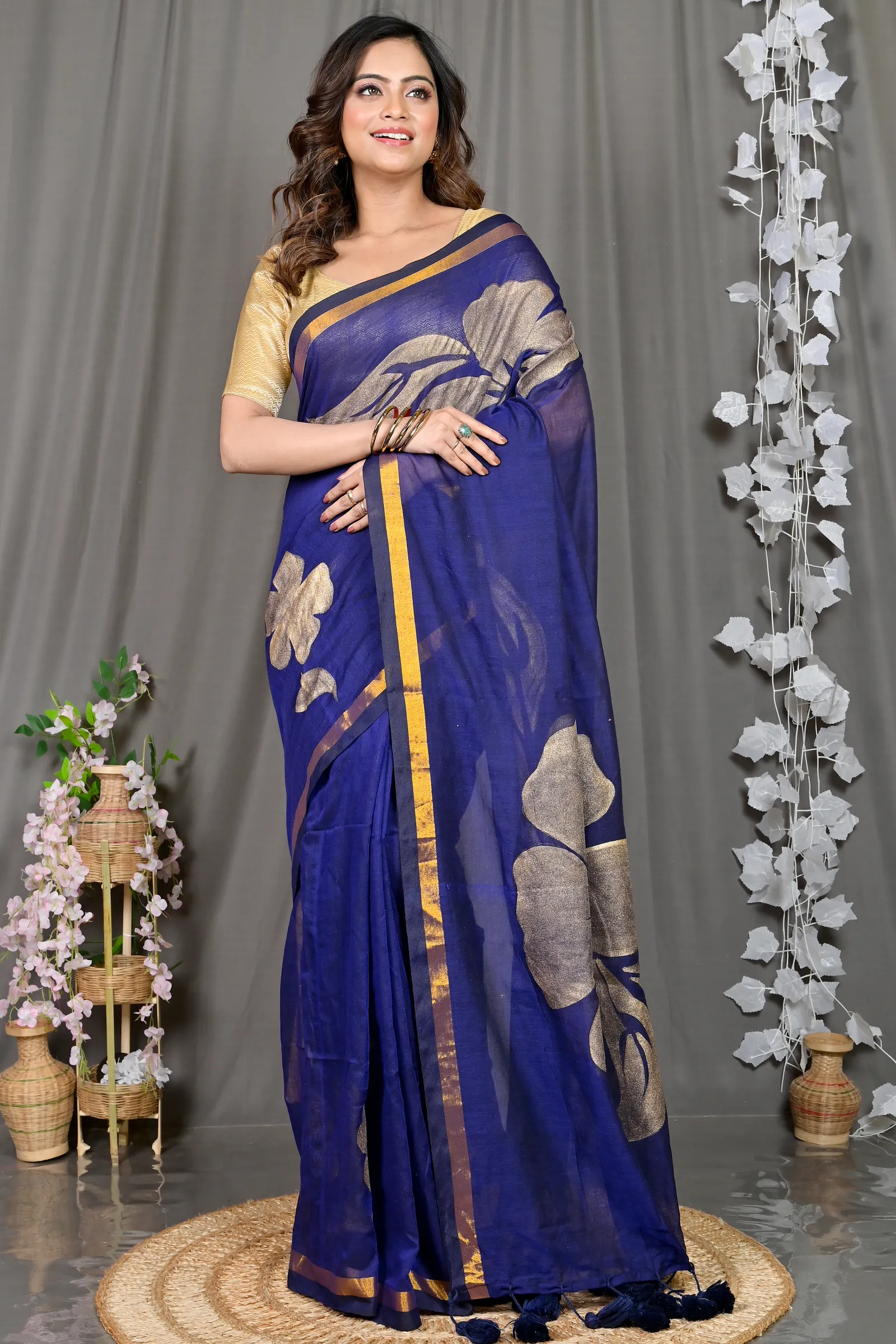 DipDiya Cotton Blended Blue Soura Elegant by Tradition Printed Handloom Sarees