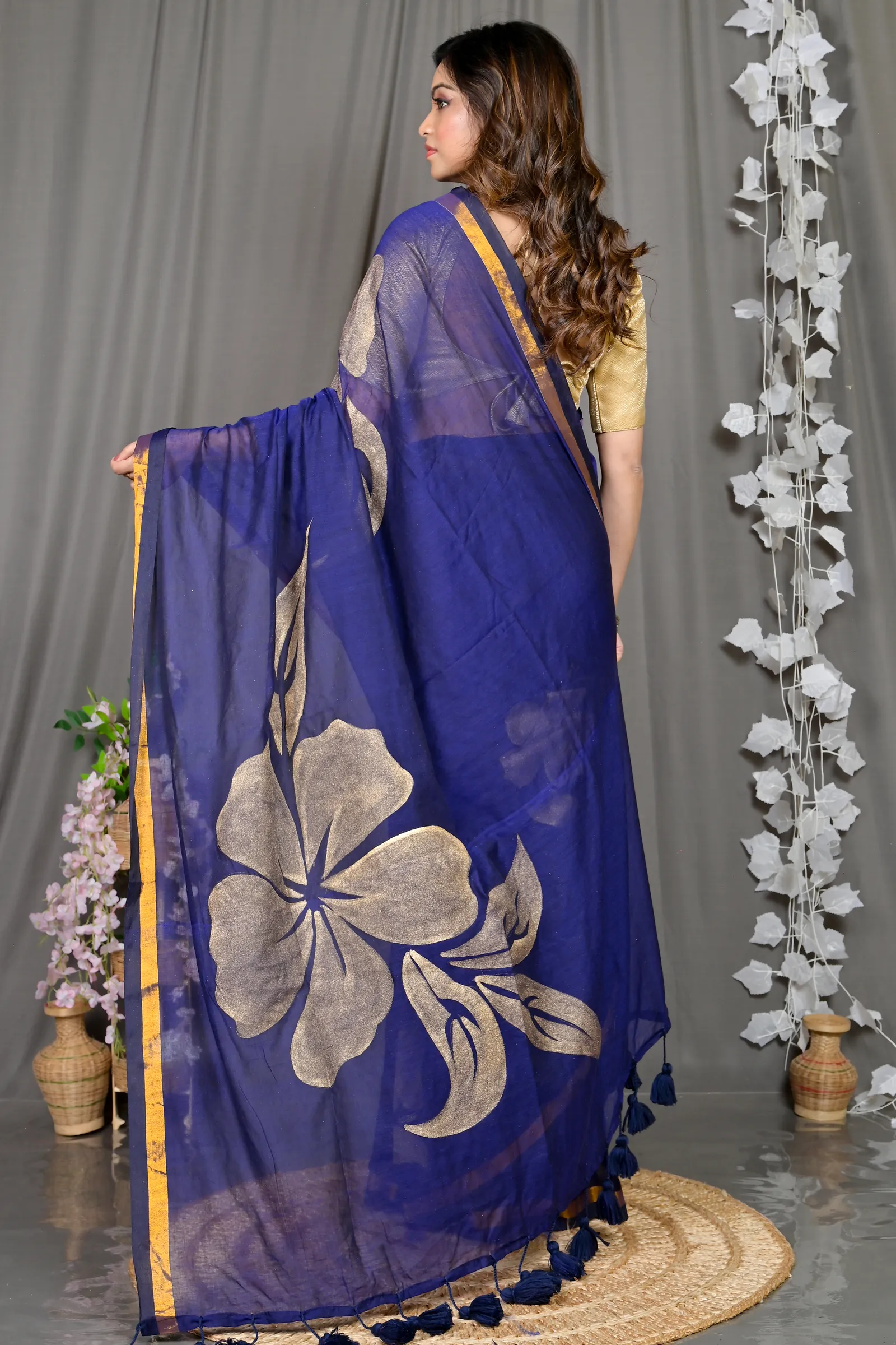 DipDiya Cotton Blended Blue Soura Elegant by Tradition Printed Handloom Sarees