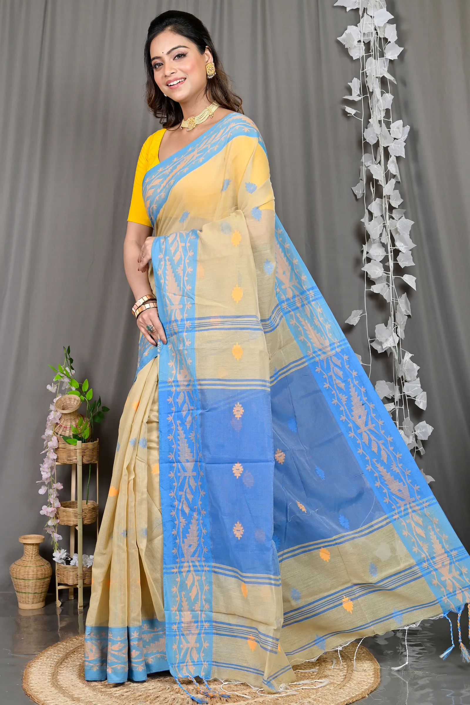 DipDiya Cotton Blended Brown Blue Parul Elegant by Tradition Handloom Sarees